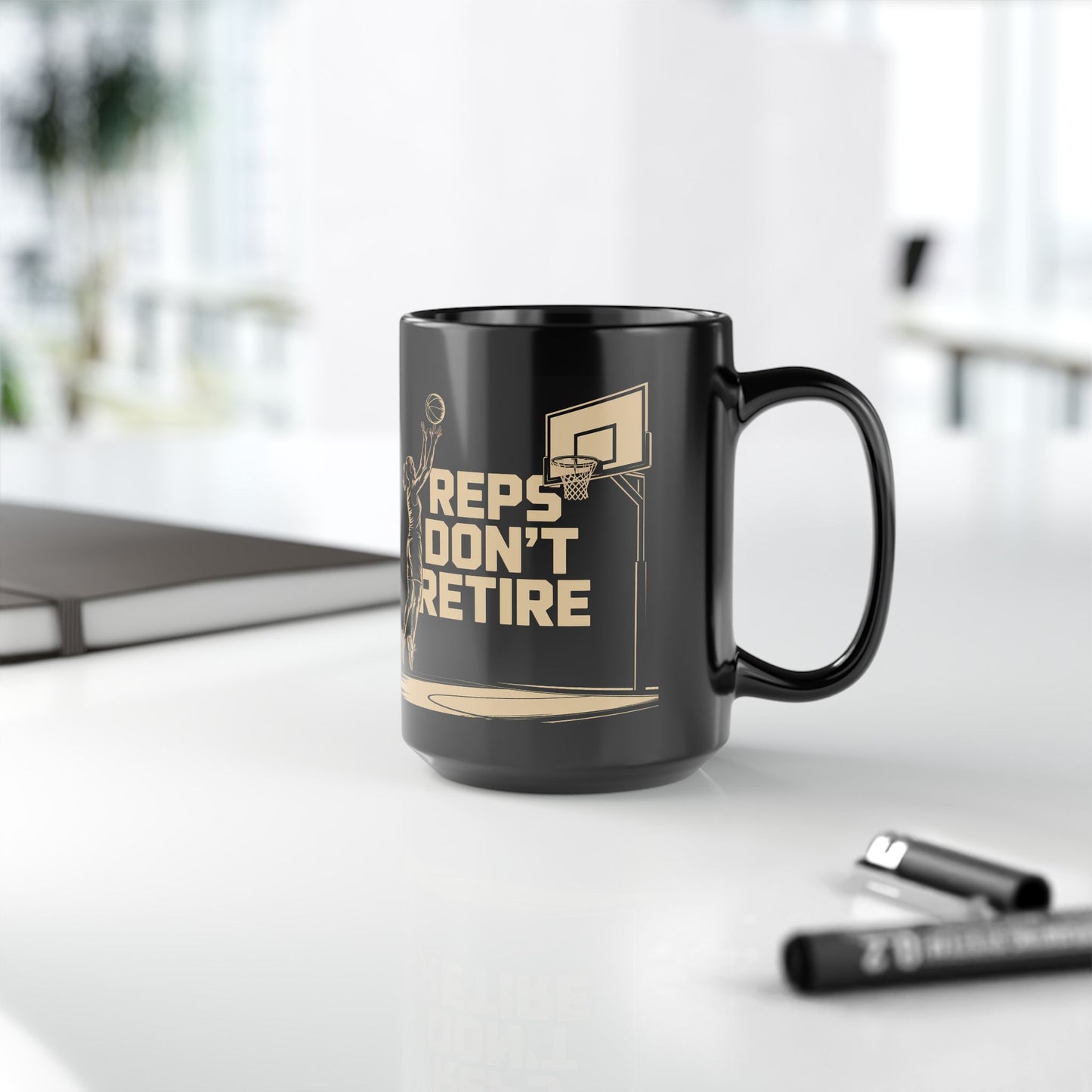 Basketball 'Reps Don't Retire' Black Coffee Mug ( 15oz)