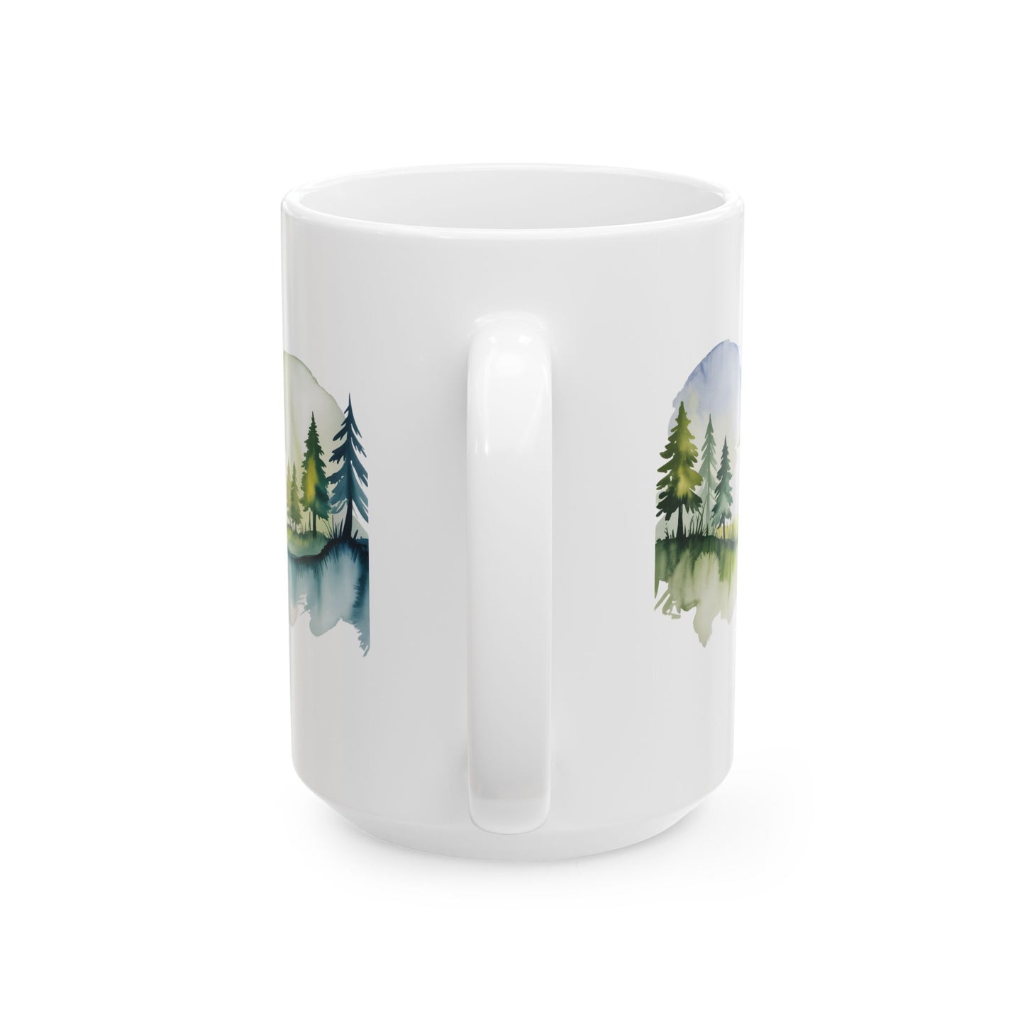 Nature Coffee Mug with Forest Landscape Design, Watercolor Art Style, 15 oz White Ceramic Mug for Calm Mornings and Relaxing Moments — by Lair Gadgets