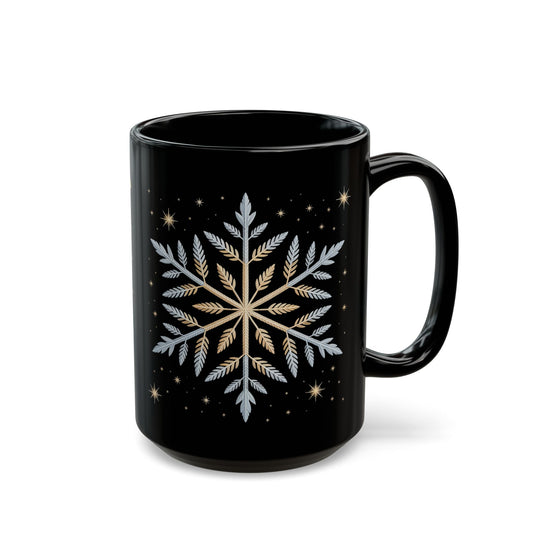 Gold and Silver Snowflake Coffee Mug – 15oz Black Ceramic