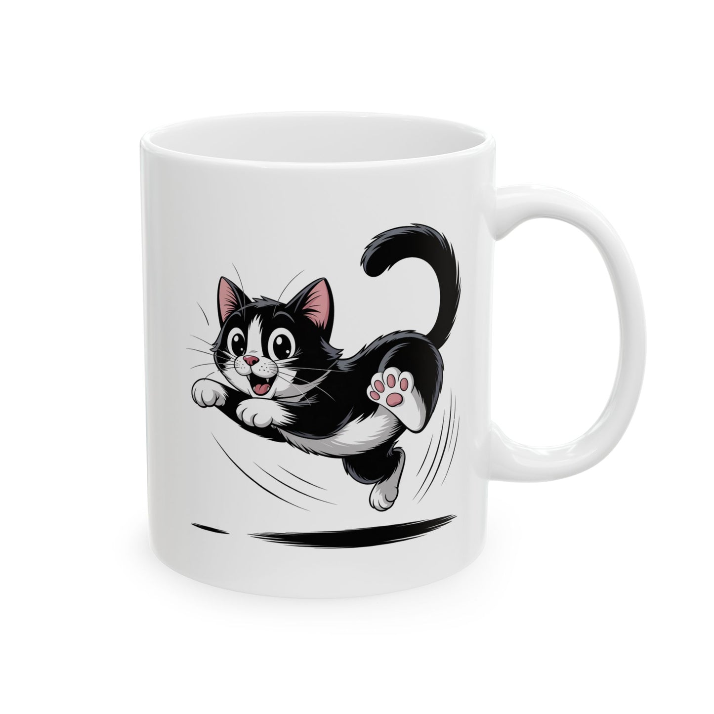 Cute Cat Coffee Mug  Ceramic – Playful Jumping Tuxedo Kitten Design – Cat Lover Gift – by Lair Gadgets