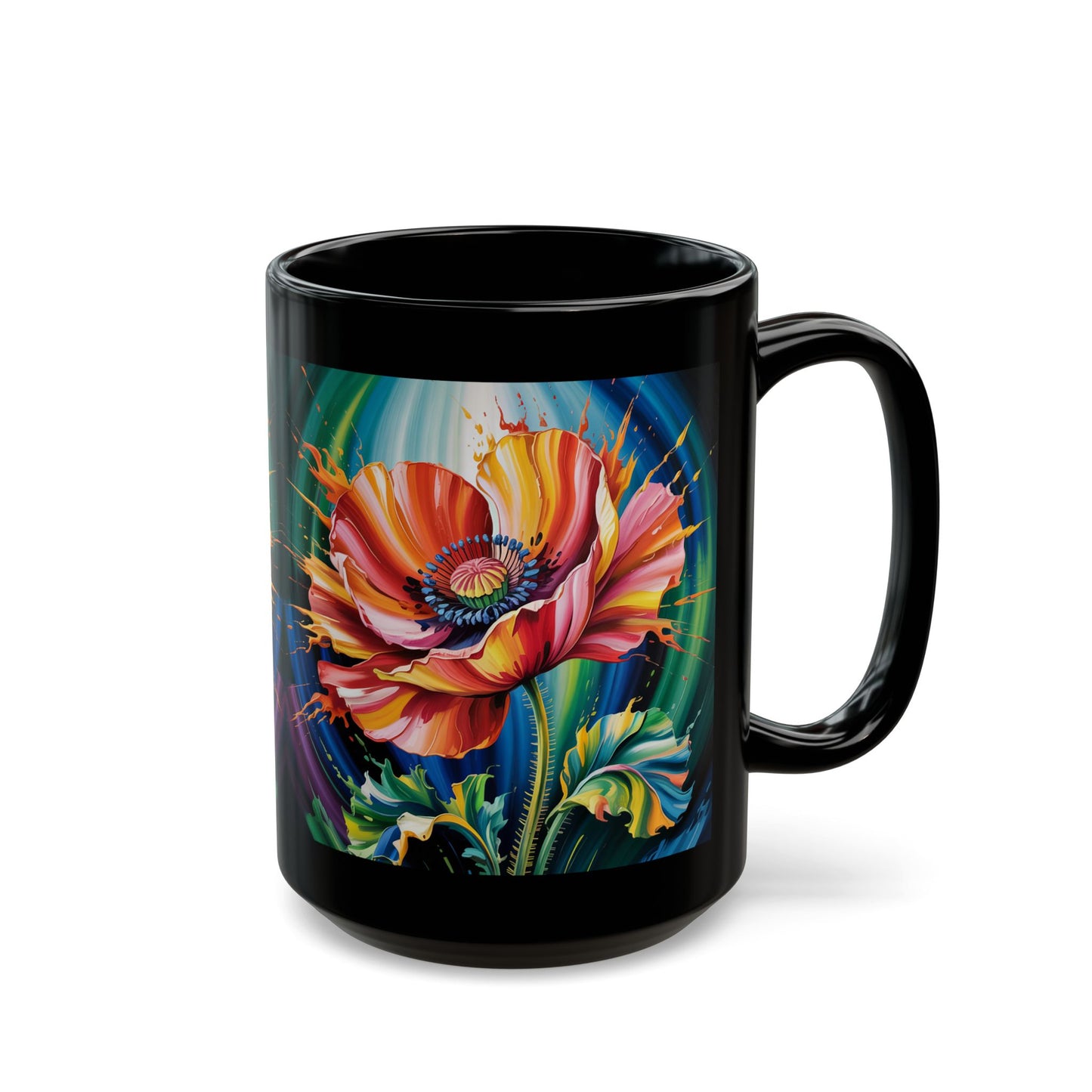 Bold Artistic Floral Coffee Mug 15oz Colorful Poppy Design by Lair Gadgets Black Mug (15oz)