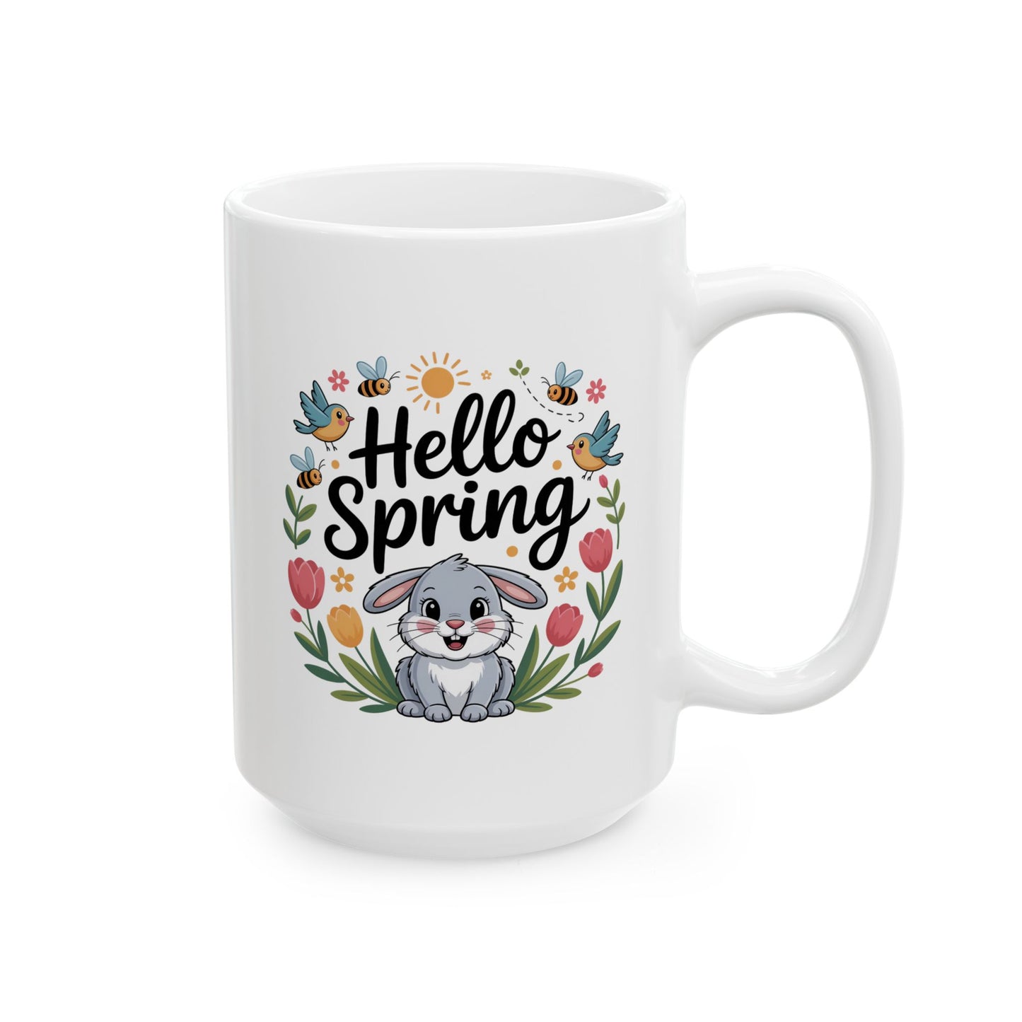 Spring Coffee Mug with Bunny and Floral Design, White Ceramic 15 oz Mug, Easter and Seasonal Drinkware by Lair Gadgets