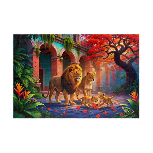 Lion Family Jigsaw Puzzle — Tropical Courtyard Fantasy Art, 1014 Pieces