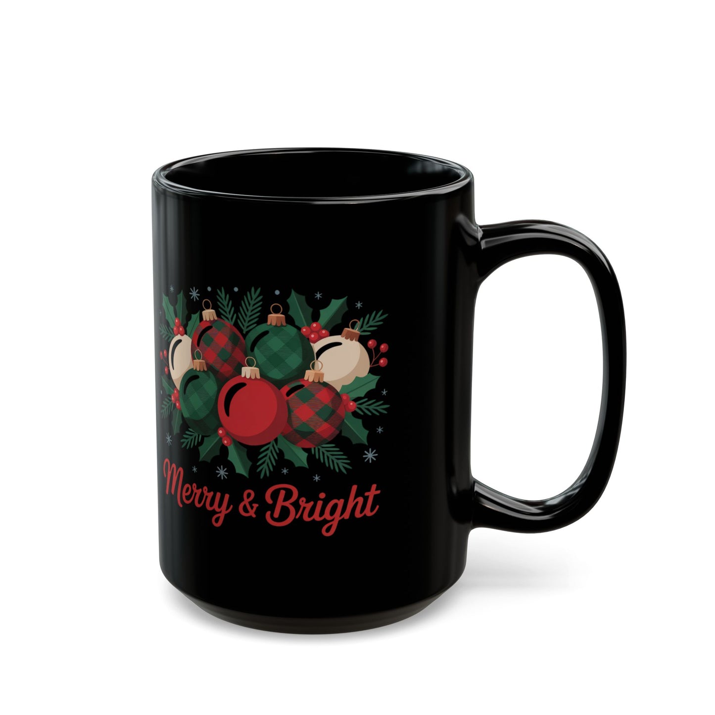 Merry & Bright Holiday Mug by Lair Gadgets – 15 oz Black Ceramic Coffee Cup with Christmas Ornament and Holly Design