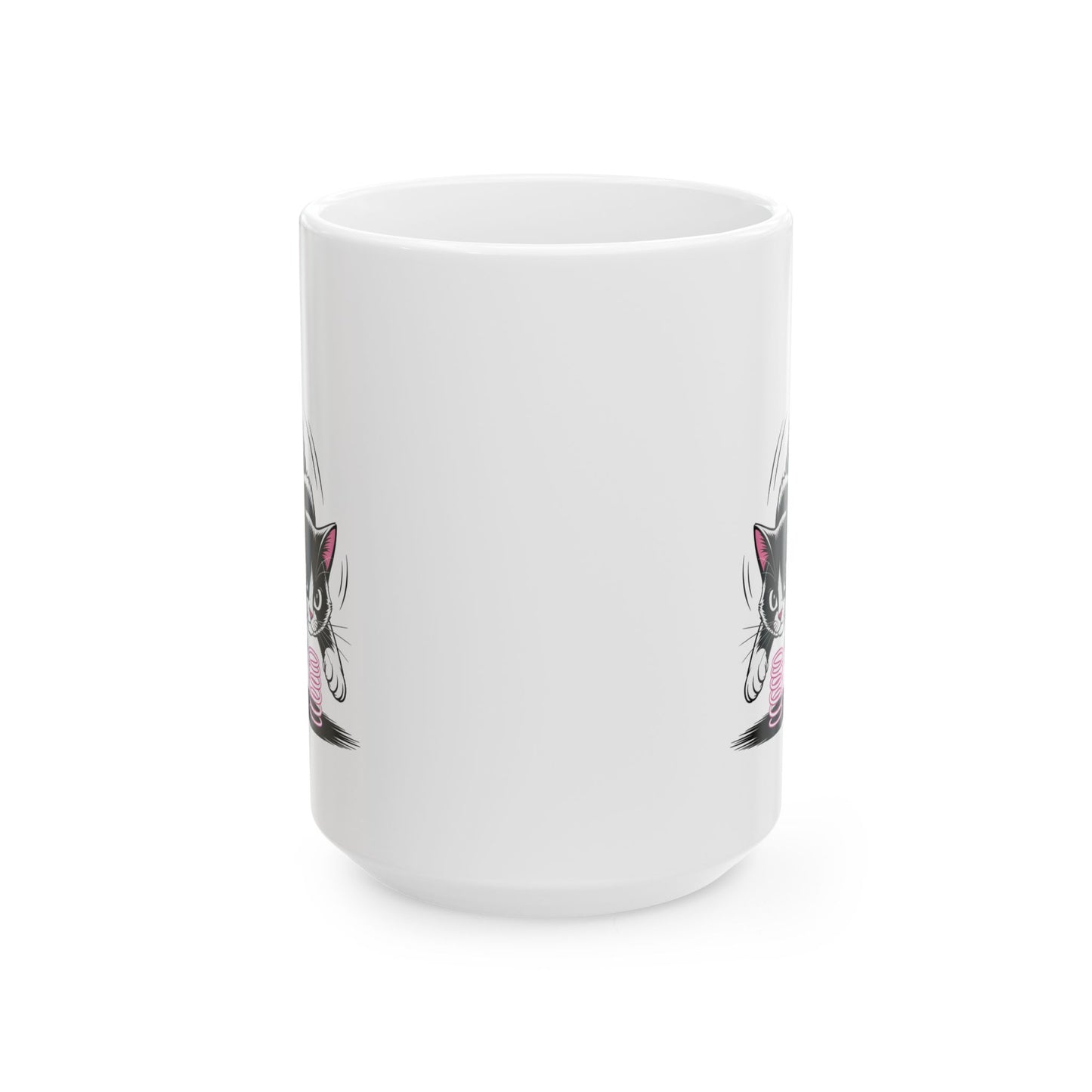 Cute Cat Coffee Mug Ceramic – Playful Tuxedo Kitten with Spring Toy Design – Cat Lover Gift