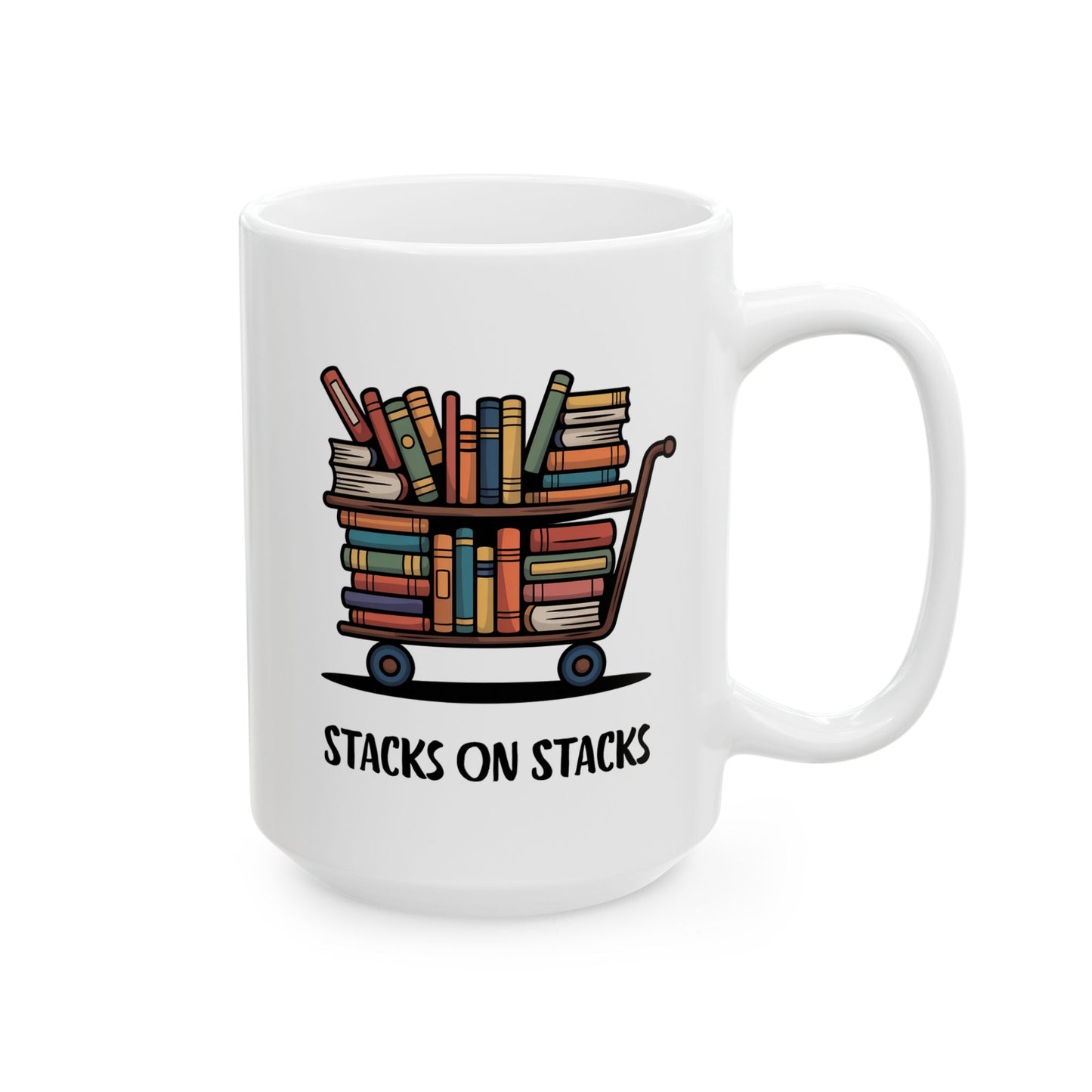 Librarian Coffee Mug – “Stacks on Stacks” Library Cart Design, Book Lover Gift