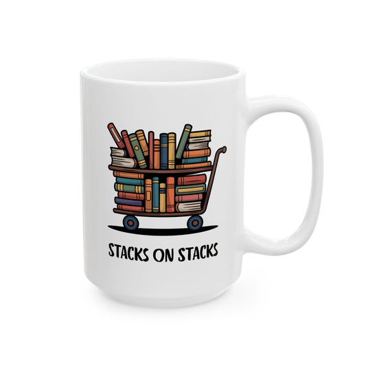 Librarian Coffee Mug – “Stacks on Stacks” Library Cart Design, Book Lover Gift
