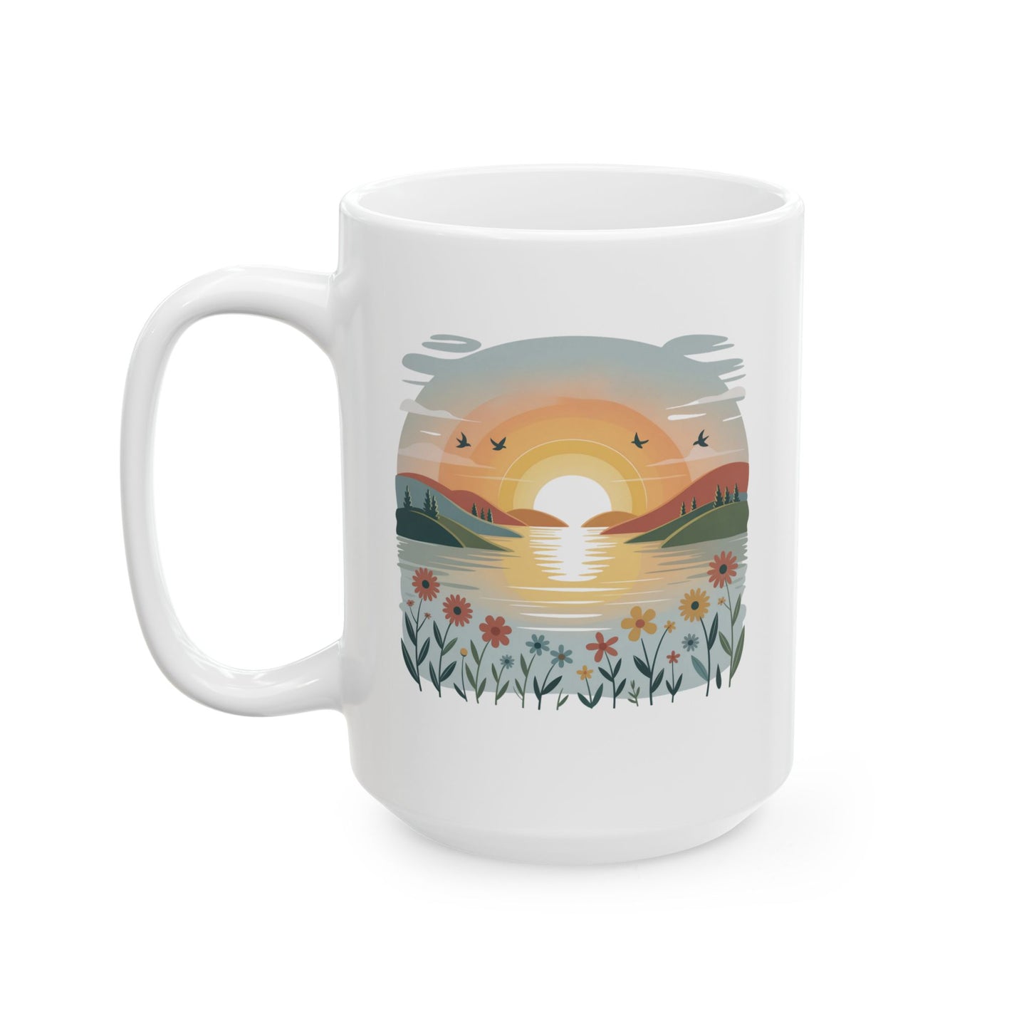 Sunrise Landscape Ceramic Coffee Mug 15 oz – Calm Nature Illustration for Mindfulness, Therapy Office, and Daily Self Care Rituals by Lair Gadgets