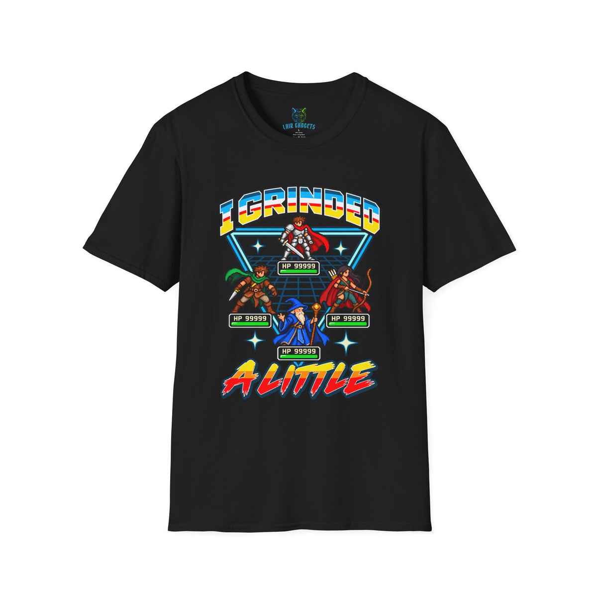 I Grinded a Little funny gamer shirt, black tee with retro RPG pixel art knight, rogue, archer and wizard