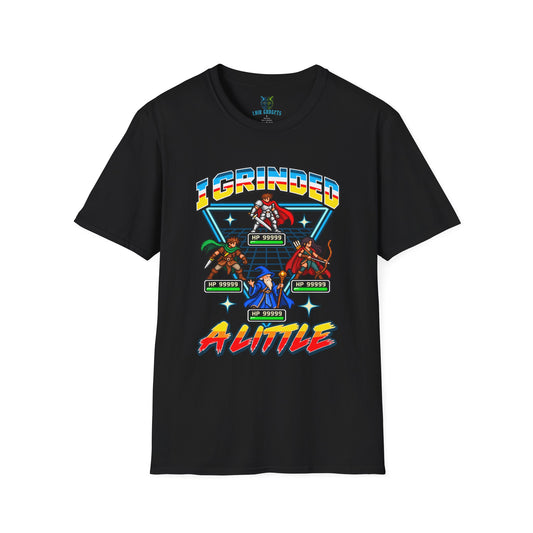 I Grinded a Little funny gamer shirt, black tee with retro RPG pixel art knight, rogue, archer and wizard