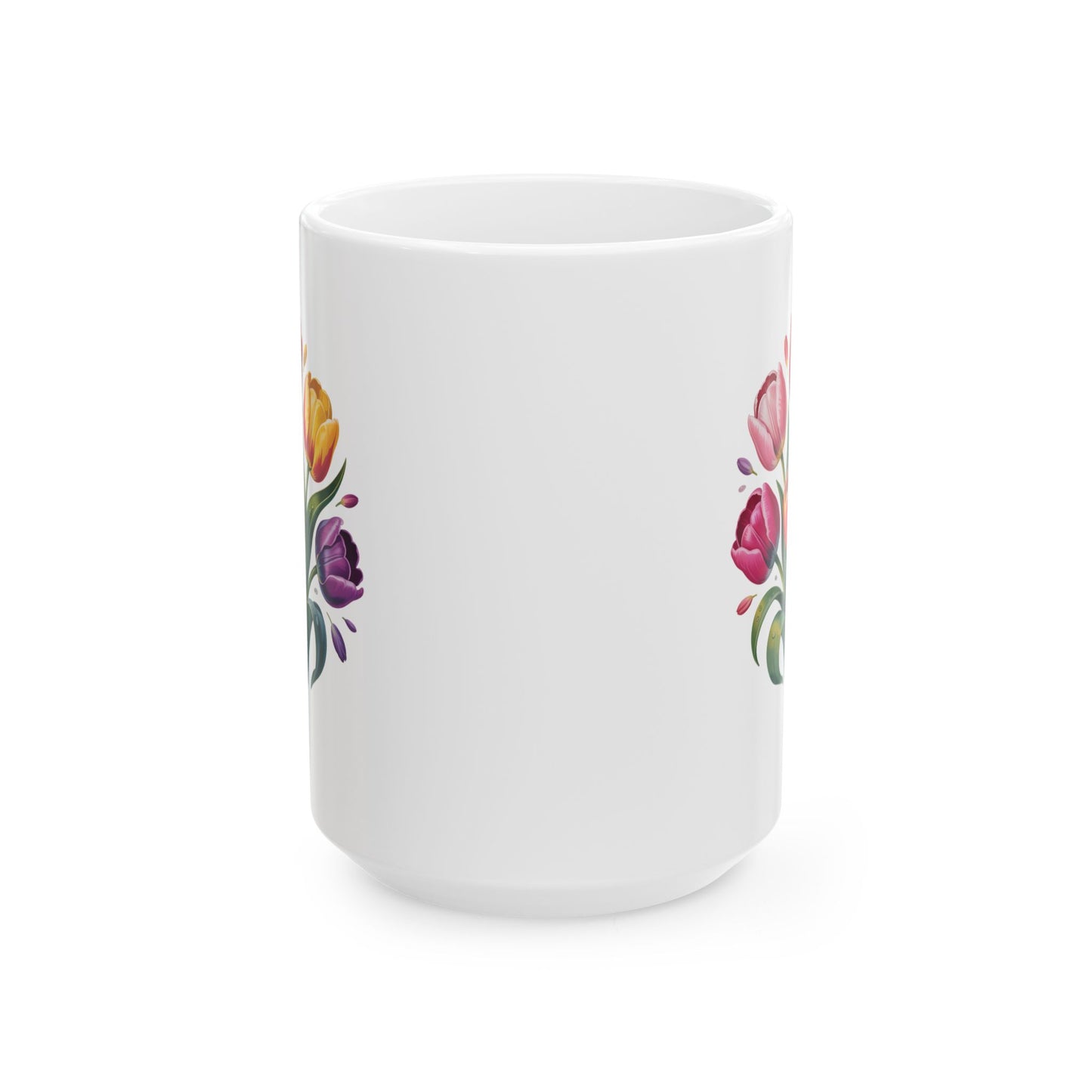 Floral Coffee Mug with Tulip Bouquet Design, Colorful Flower Artwork, 15 oz White Ceramic Mug for Home or Office Use — by Lair Gadgets