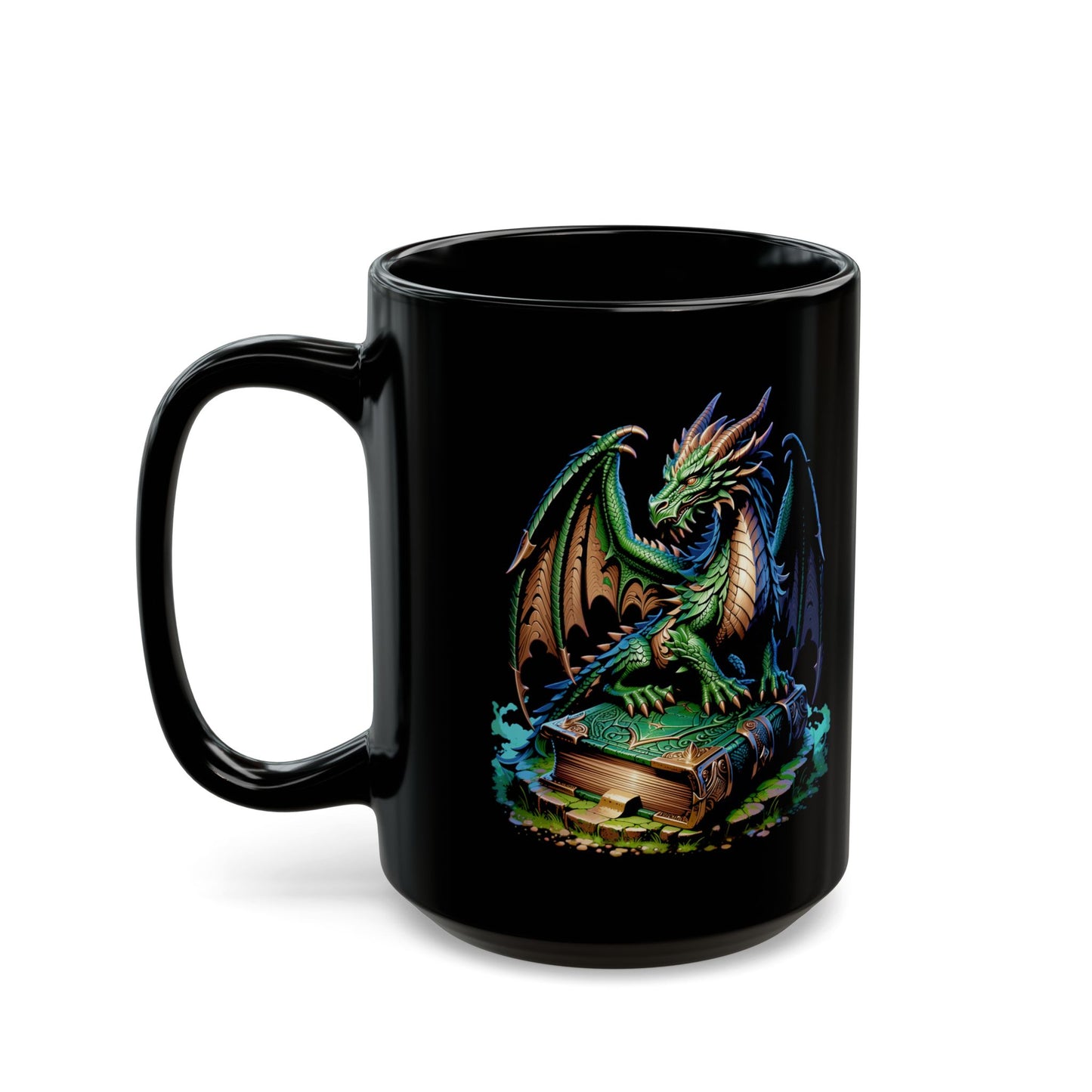 Green Dragon Guarding Book Black Mug (11oz, 15oz)