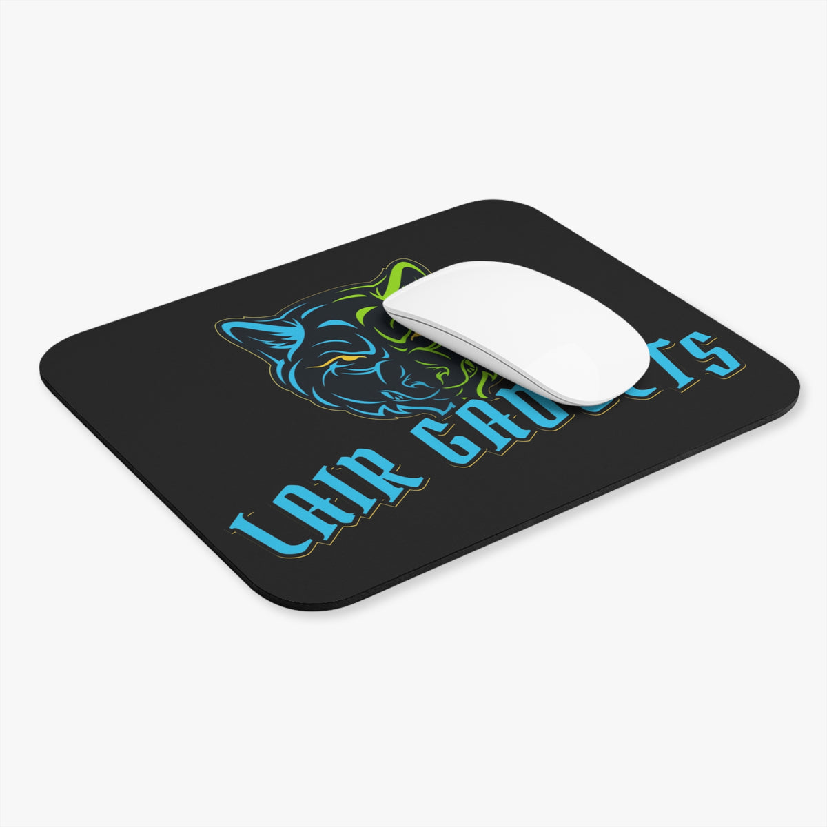 Lair Gadgets wolf logo mouse pad, black, 9x8 inches, alternate view