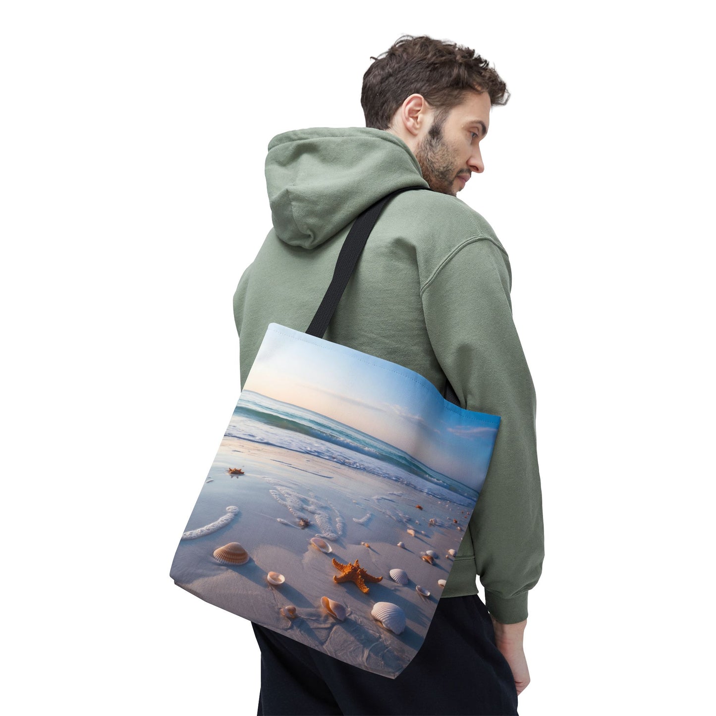 Seaside Serenity Tote Bag by Lair Gadgets – 16x16 Coastal Beach Scene with Shells and Starfish, Ocean Wave Print Carryall