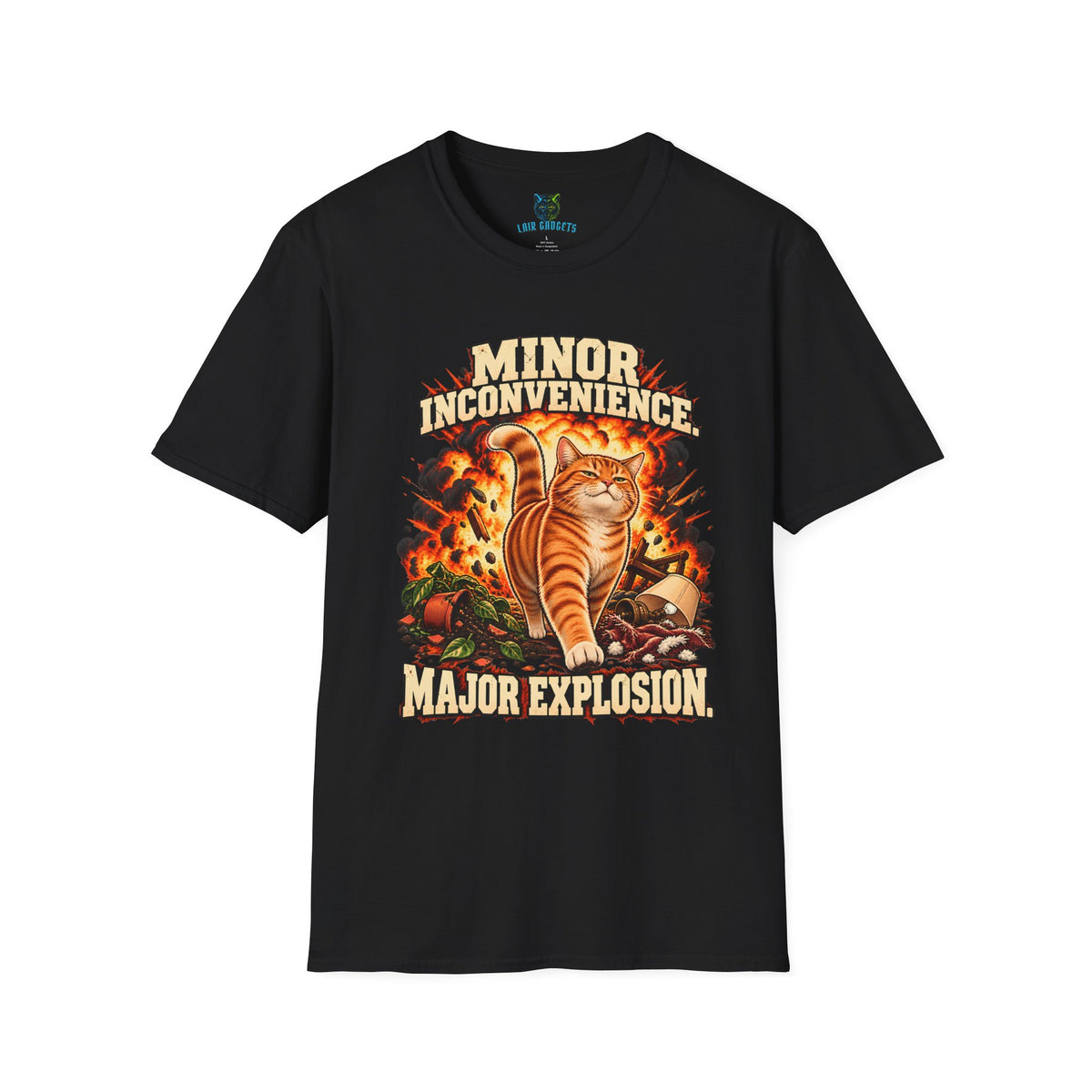 Black t-shirt with Minor Inconvenience orange cat graphic