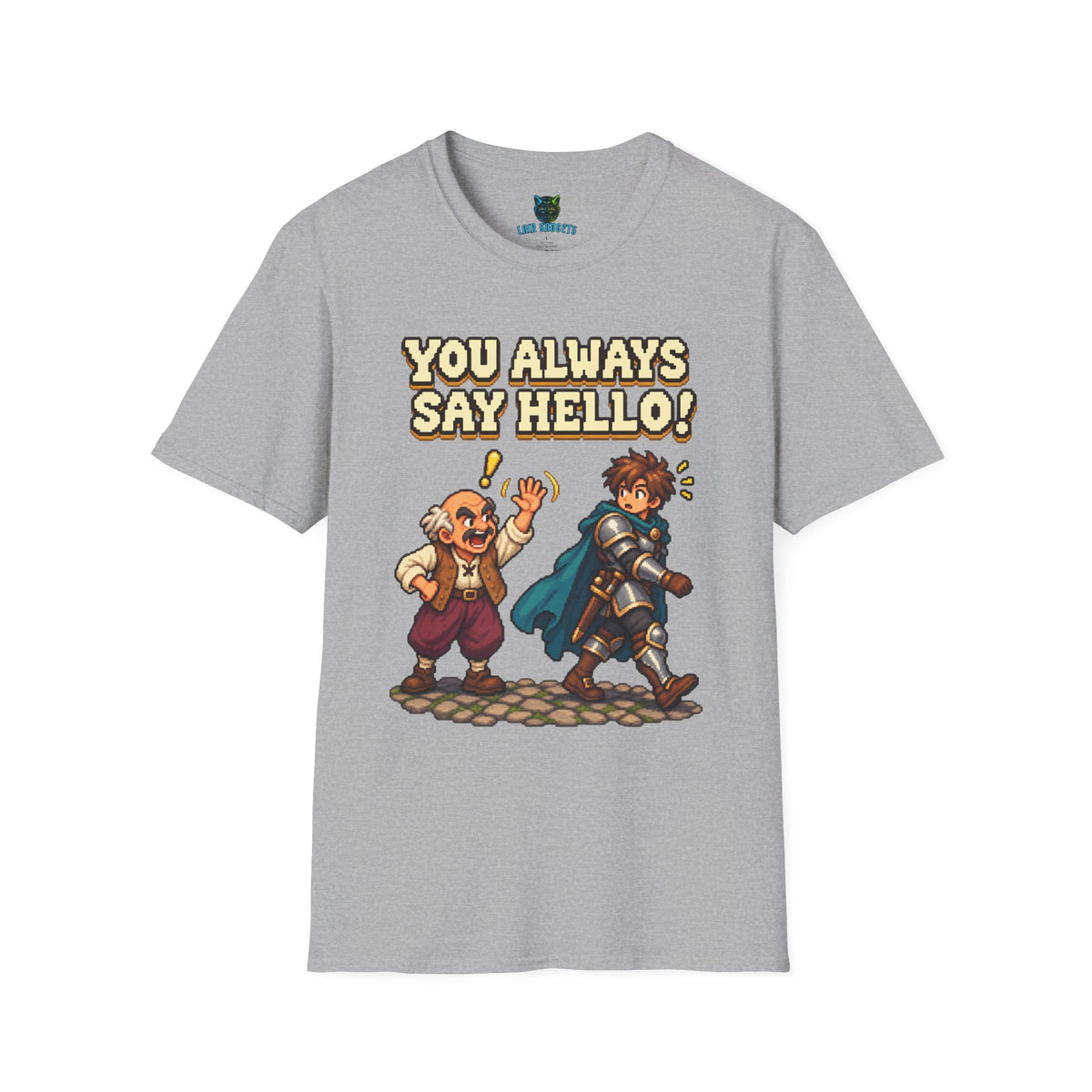 Sport grey t-shirt with You Always Say Hello retro pixel art NPC graphic