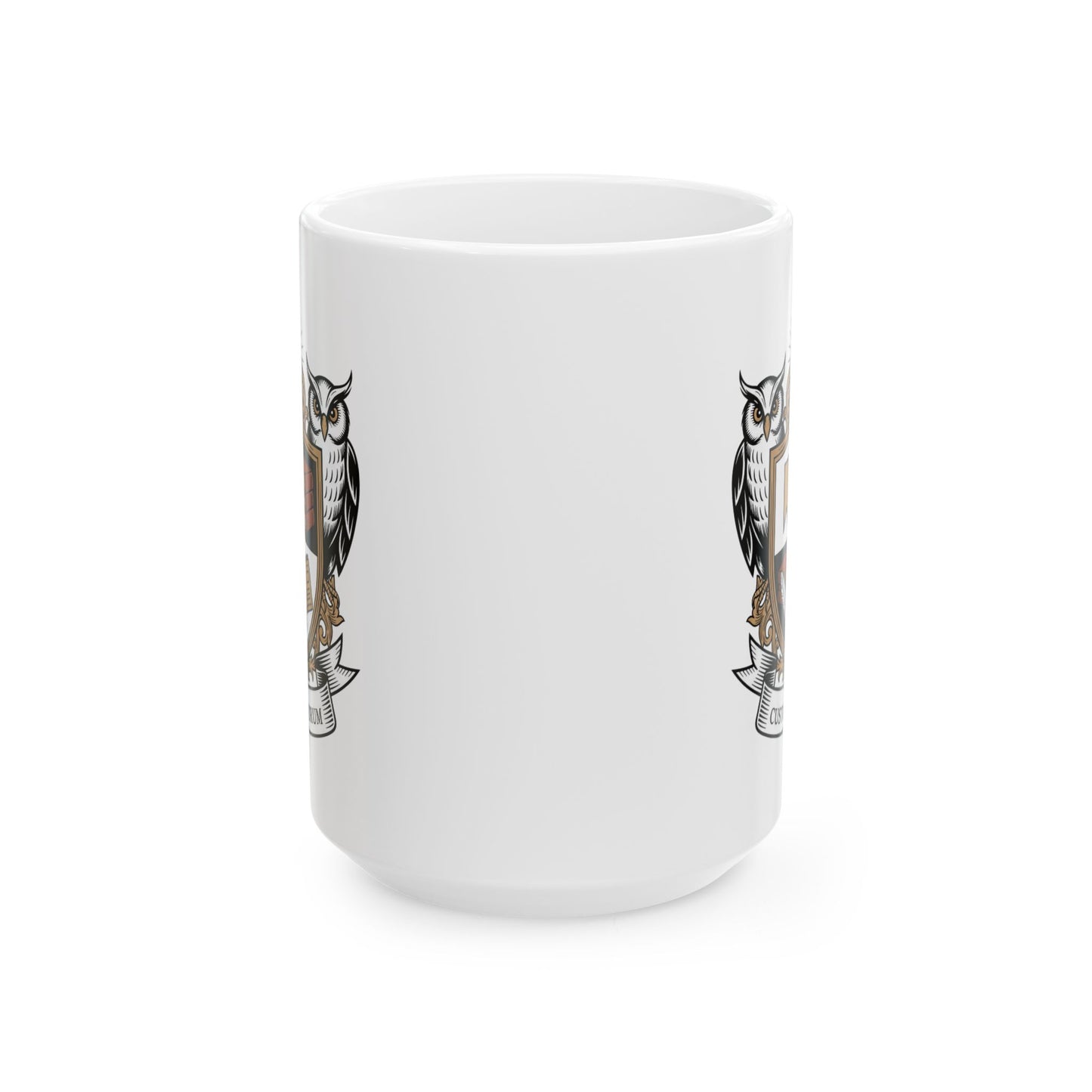Custos Librorum Librarian Crest Mug 15oz – Ceramic Coffee Mug for Librarians and Book Lovers – Latin “Guardian of Books” Owl Shield Design by Lair Gadgets