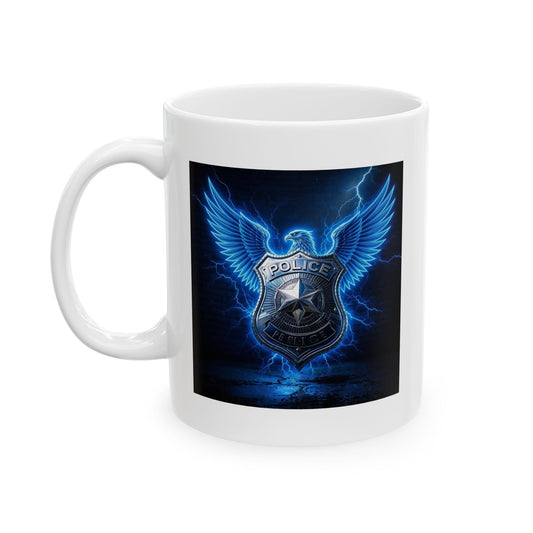 Shield of the Streets Police Mug – Storm Response Series – 11oz Black Ceramic Mug with Double-Sided Electric Badge and Wing Design – Lair Gadgets Law Enforcement Gift