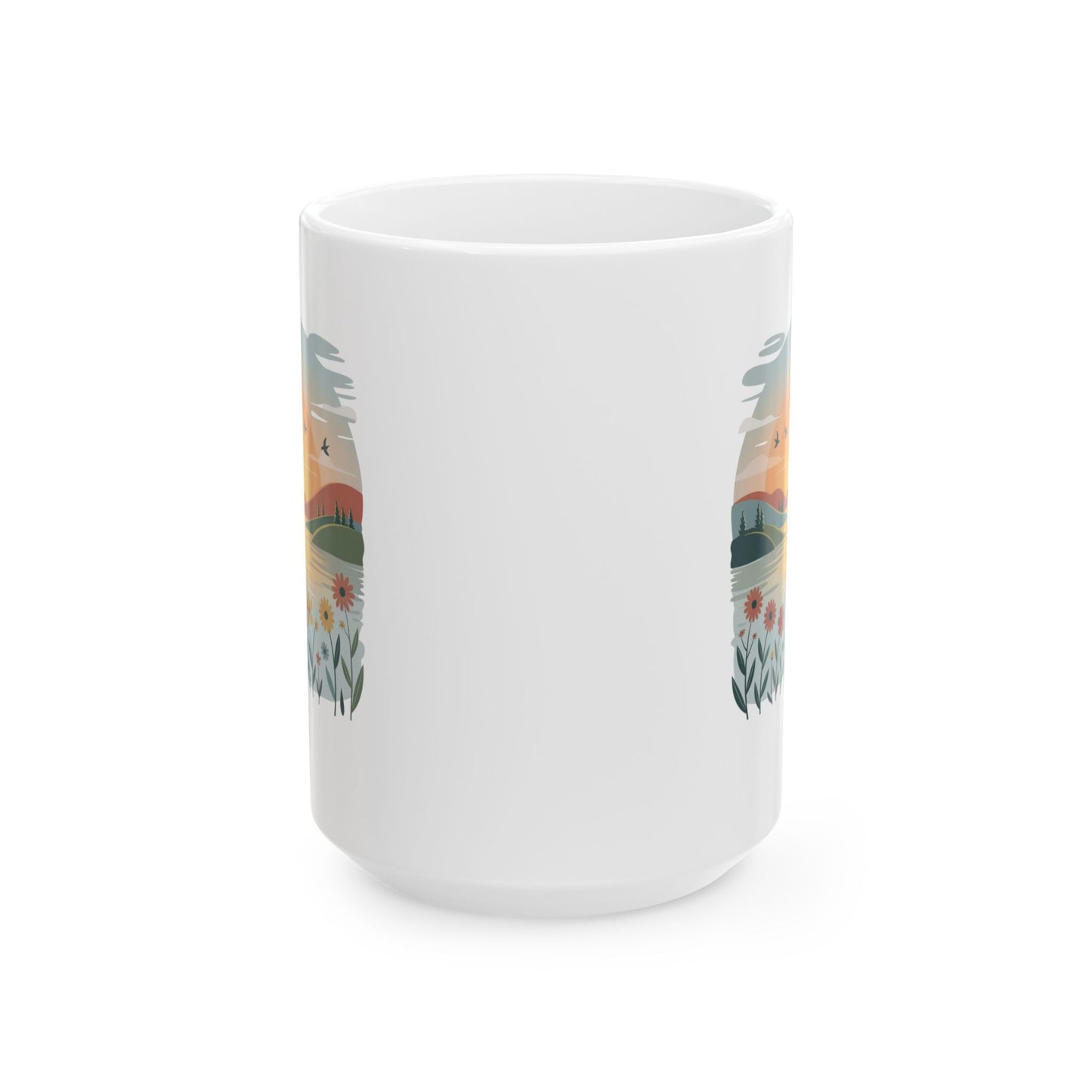 Sunrise Landscape Ceramic Coffee Mug 15 oz – Calm Nature Illustration for Mindfulness, Therapy Office, and Daily Self Care Rituals by Lair Gadgets