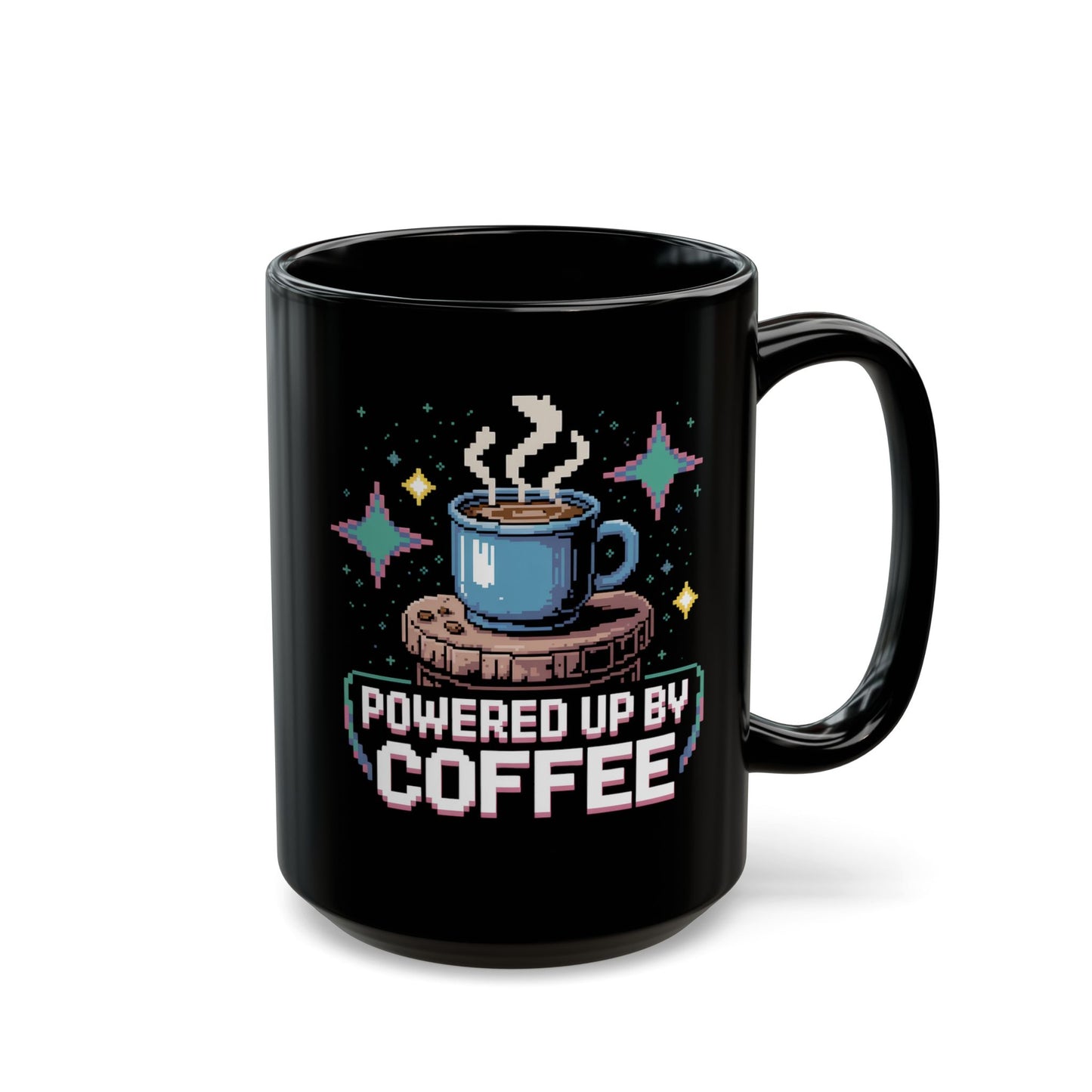 Retro Gamer Coffee Mug – Powered Up By Coffee – 15oz Black Ceramic – Pixel Art Video Game Gift