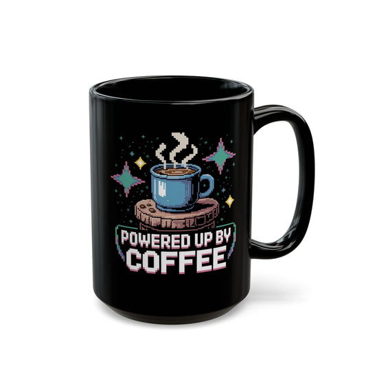 Retro Gamer Coffee Mug – Powered Up By Coffee – 15oz Black Ceramic – Pixel Art Video Game Gift