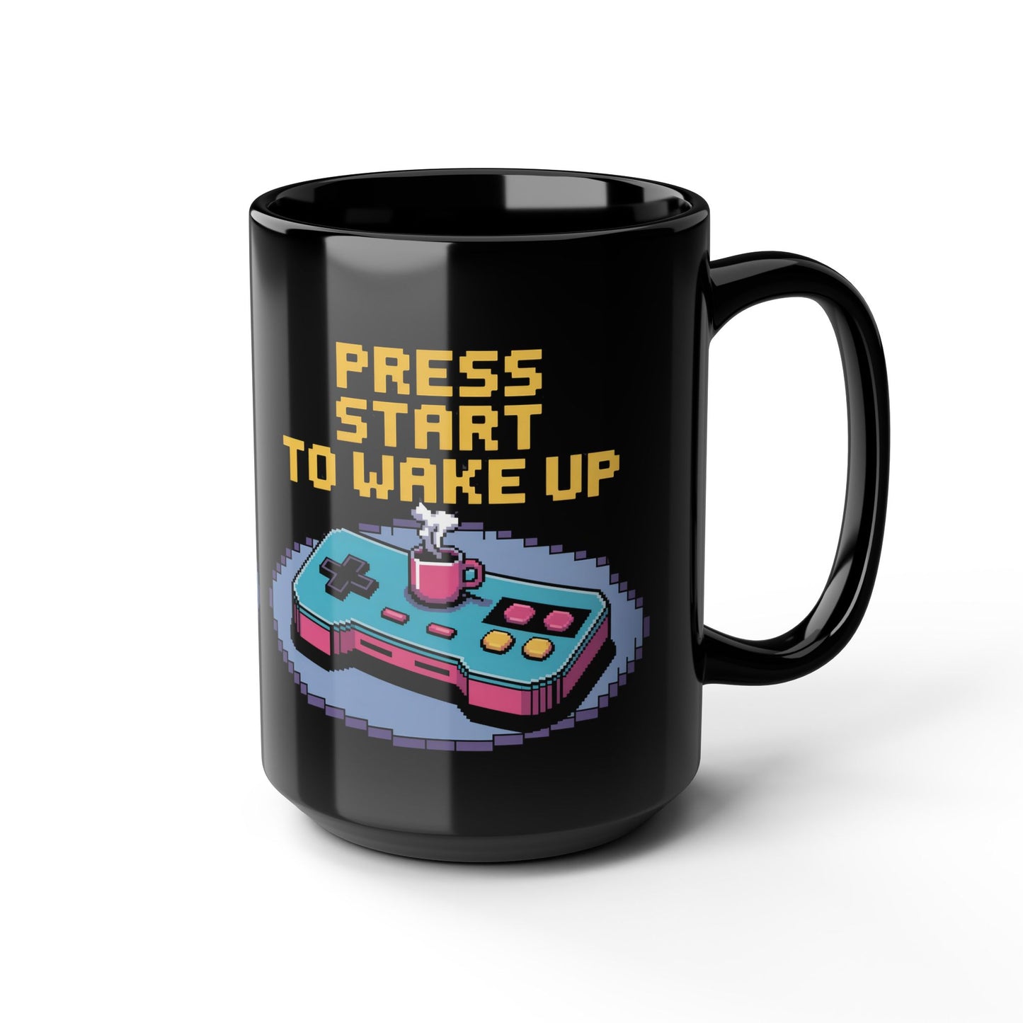 Retro Gamer Coffee Mug - Press Start to Wake Up, Gaming Gift, Video Game Mug, Gift for Gamers, 8-Bit Design