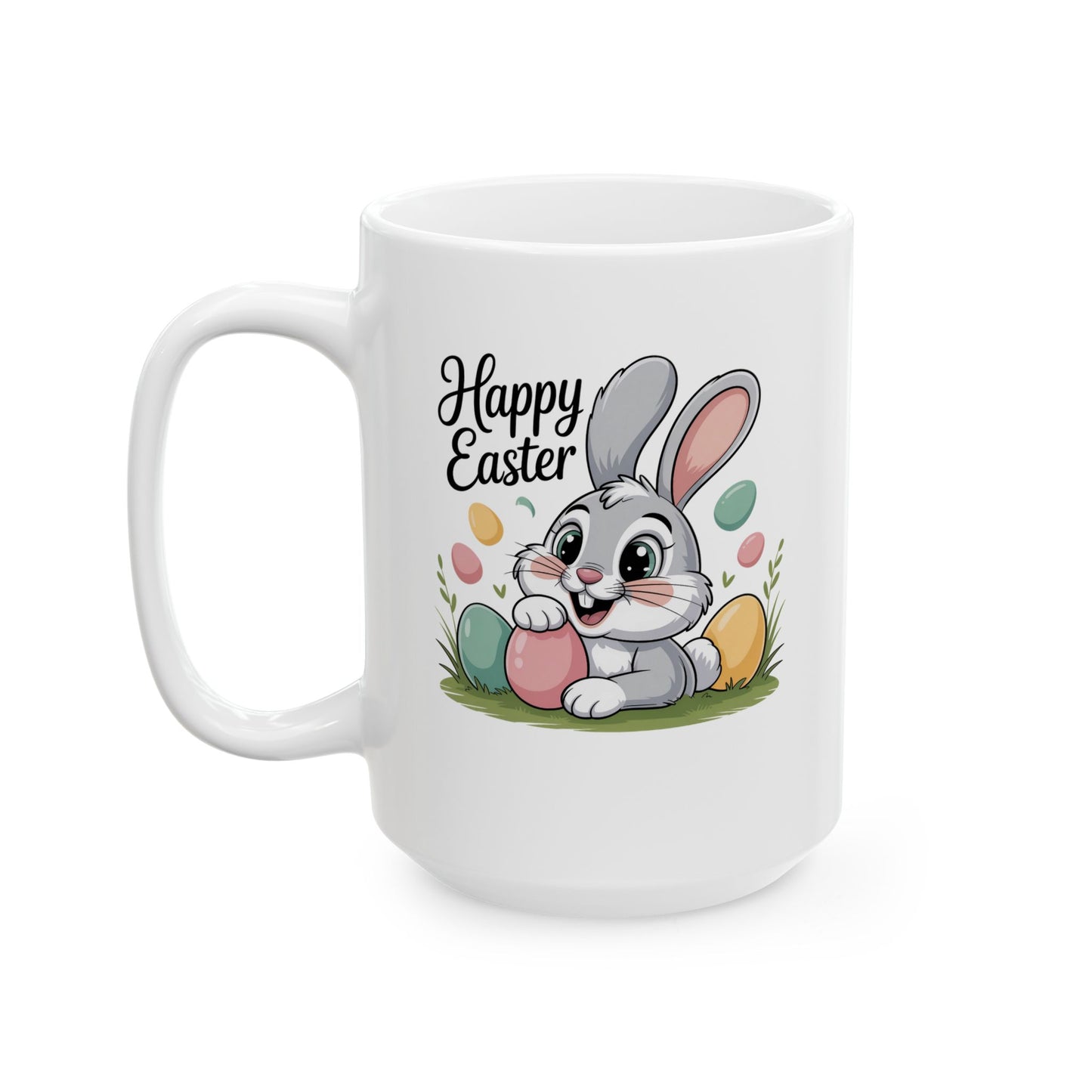 Easter Bunny & Eggs Ceramic Mug — "Happy Easter" Spring Coffee Cup (11oz/15oz)