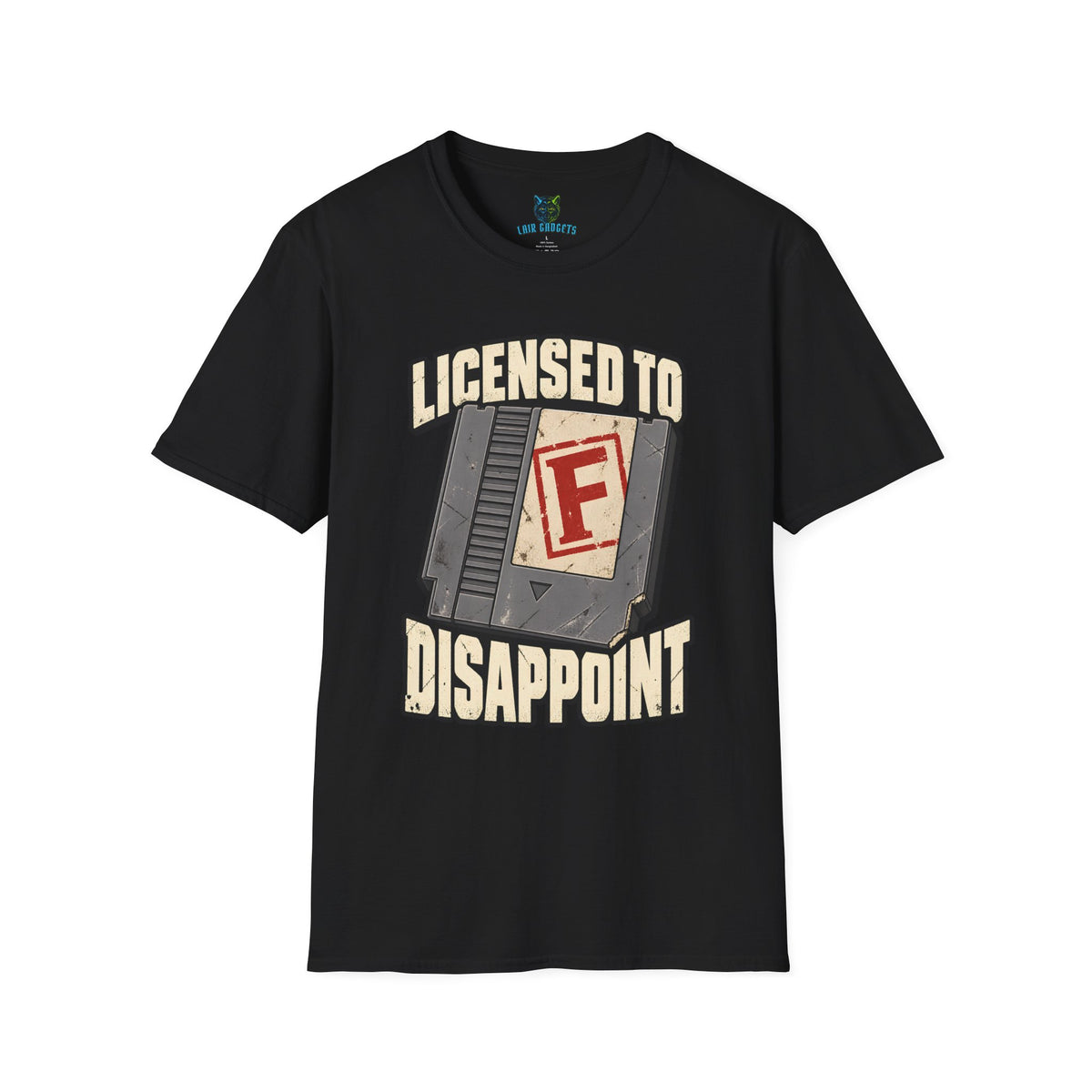 Black t-shirt with Licensed to Disappoint retro game cartridge graphic