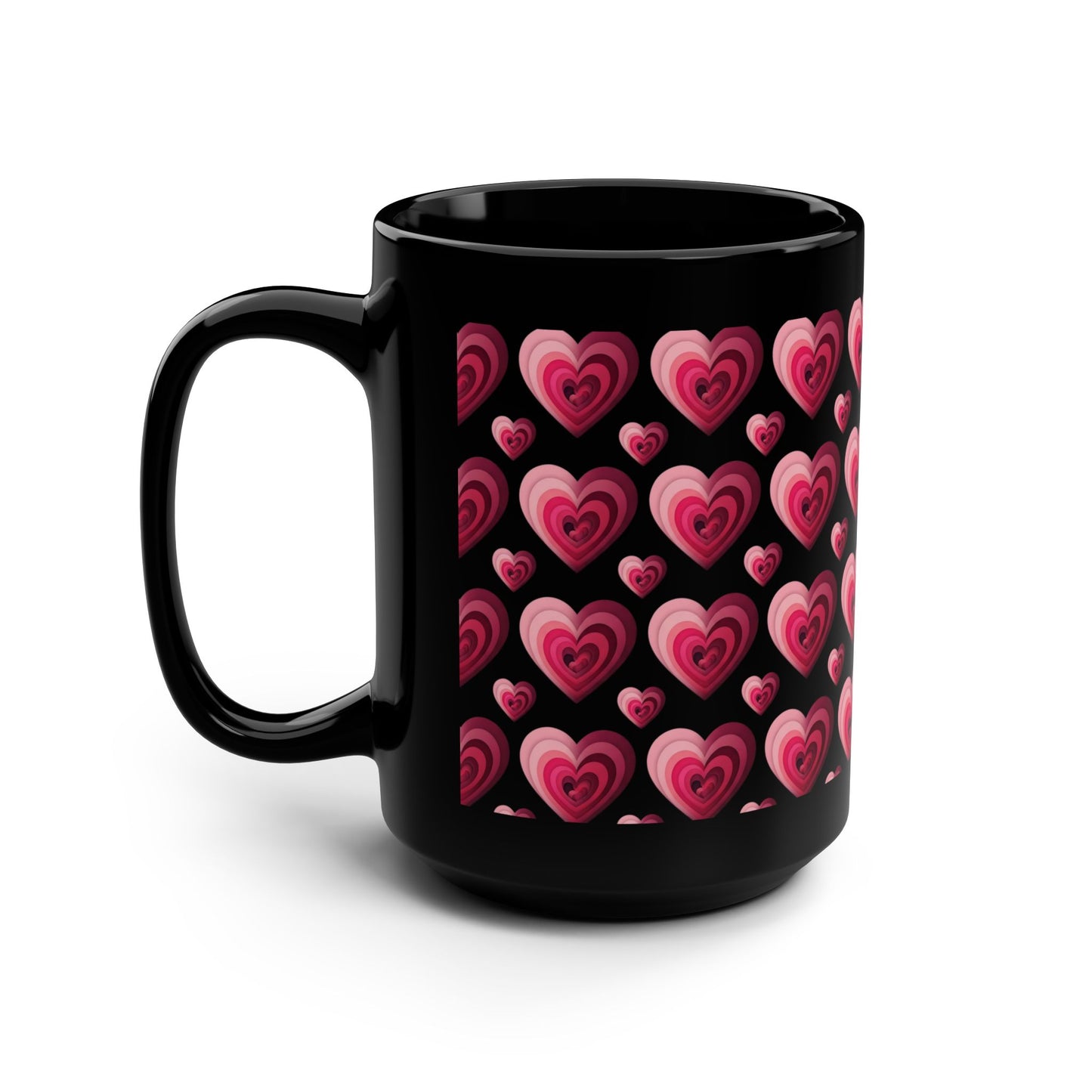 15oz Black Mug — Pink Layered Hearts Pattern - Score 84