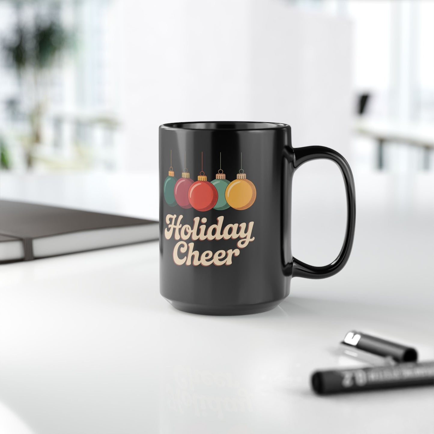 Black Holiday Cheer Mug - Perfect for festive coffee lovers, Christmas gift, cozy mornings, holiday parties, hot beverages