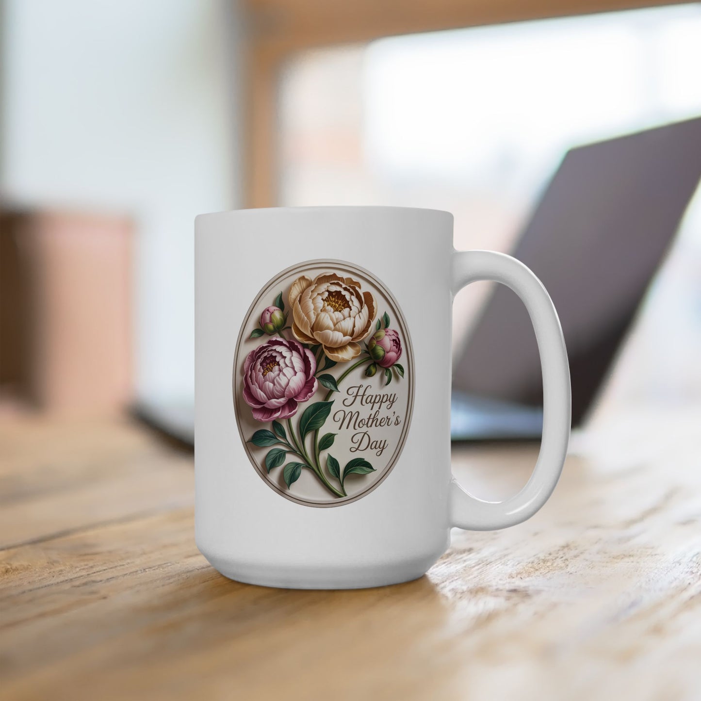 Happy Mother's Day Floral Peony Bloom Ceramic Mug, (15oz)