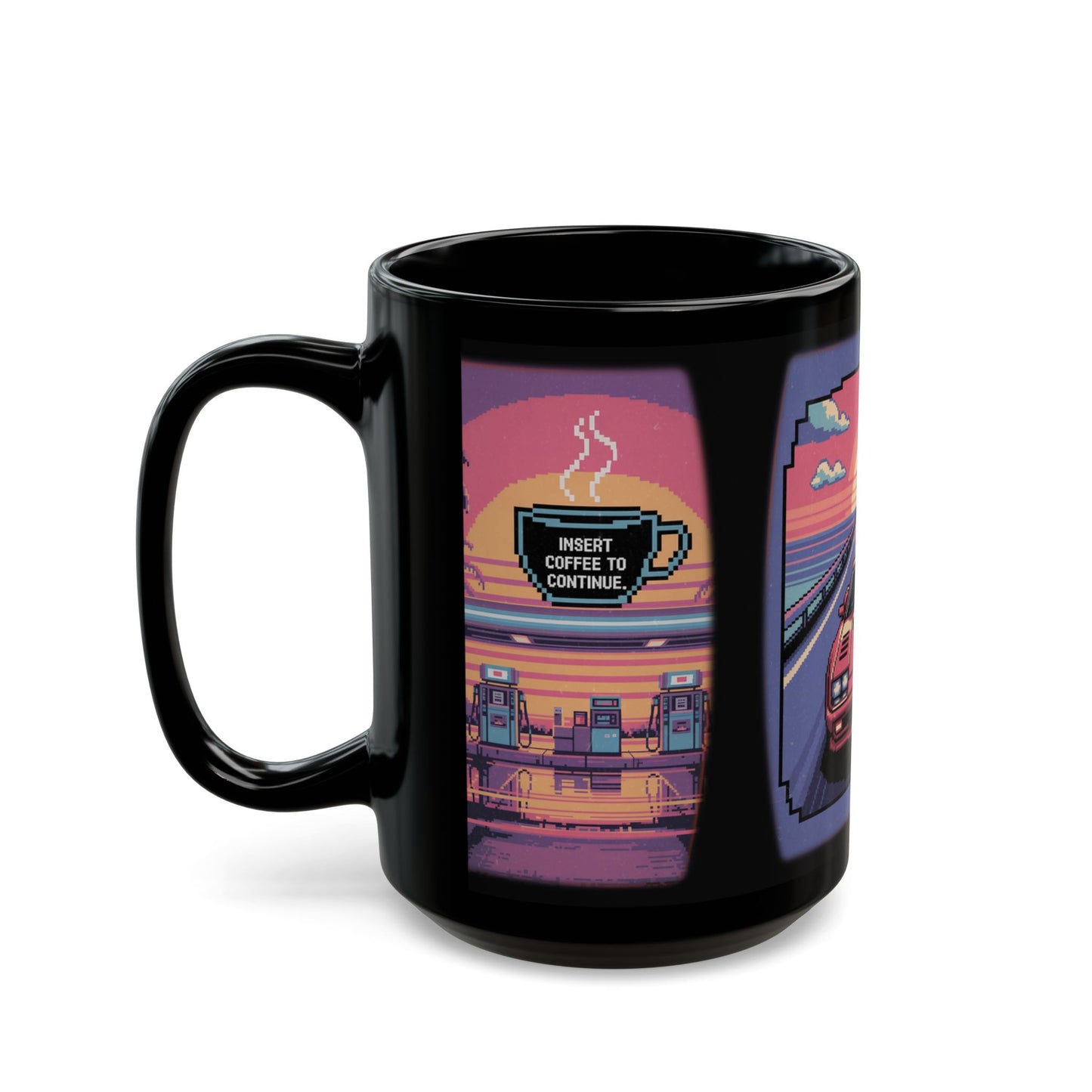 Retro Sunset Car Mug, 80s Aesthetic Coffee Cup, Vintage Car Lover Gift, Road Trip Funware, Perfect for Gamers and Nostalgia Seekers