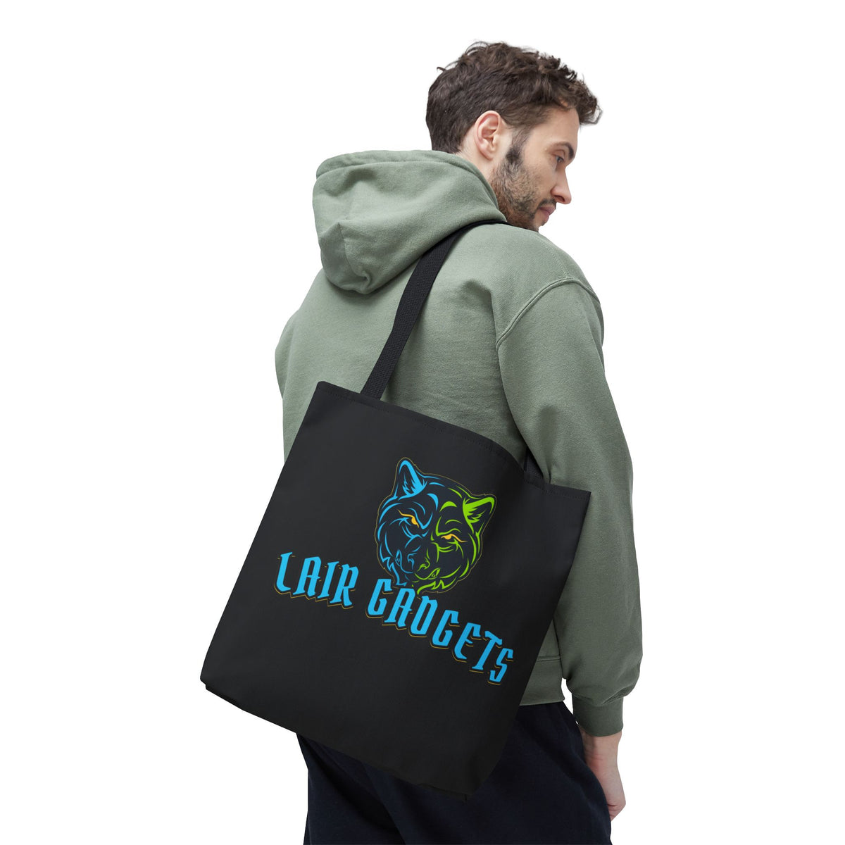 Lair Gadgets wolf logo tote bag, black, 16x16 inches, view 3