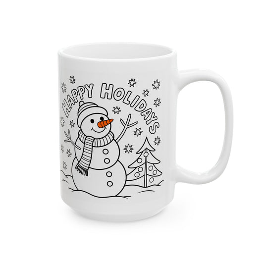 Happy Holidays Snowman Mug by Lair Gadgets – 15 oz White Ceramic Coffee Cup with Festive Winter Design
