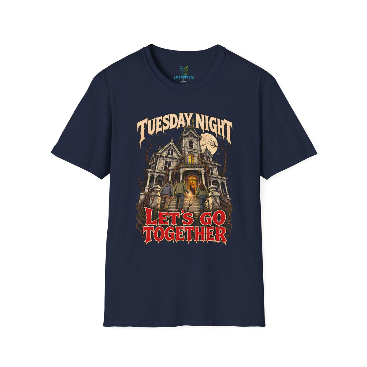 Navy t-shirt with Tuesday Night Let's Go Together haunted mansion horror graphic