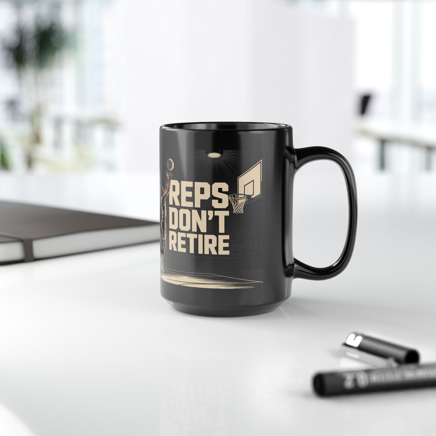 Basketball 'Reps Don't Retire' Black Mug -Male — Motivational Sports Coffee Cup (15oz)