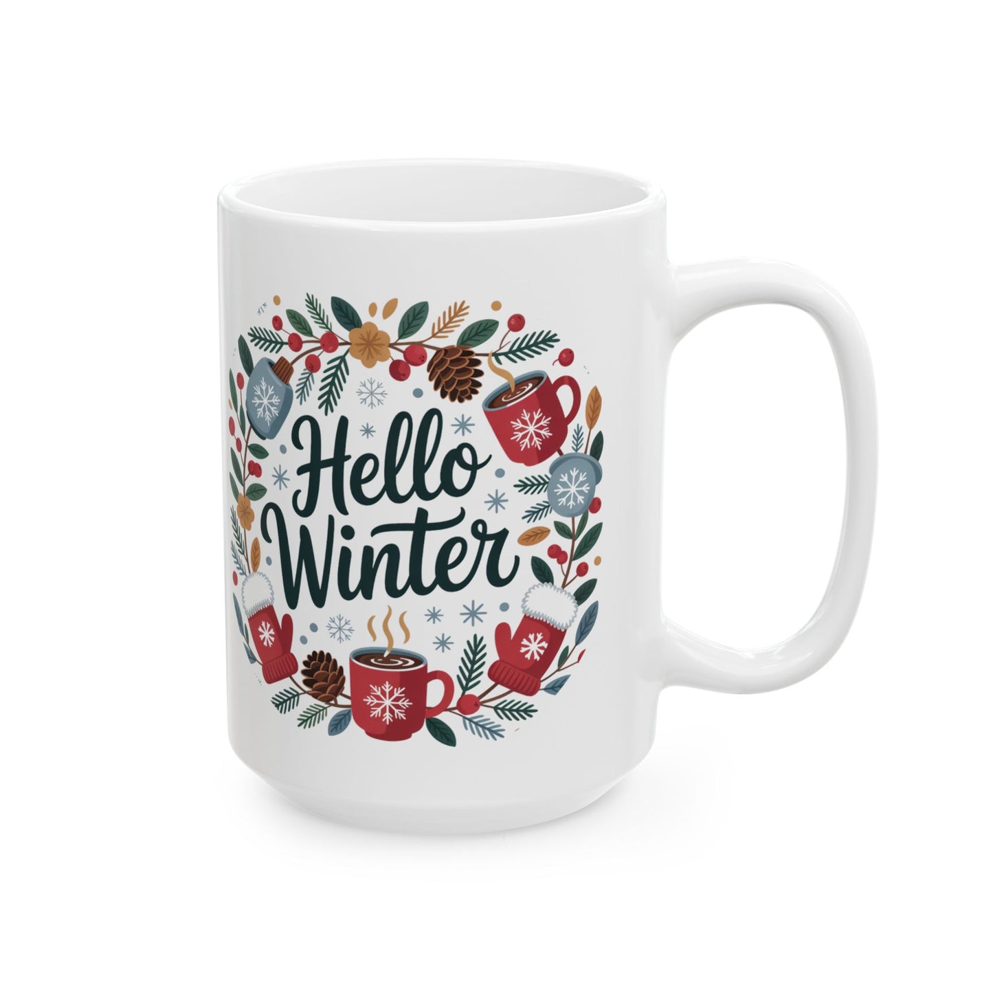 Hello Winter Mug by Lair Gadgets – 15 oz White Ceramic Coffee Cup with Festive Seasonal Wreath Design