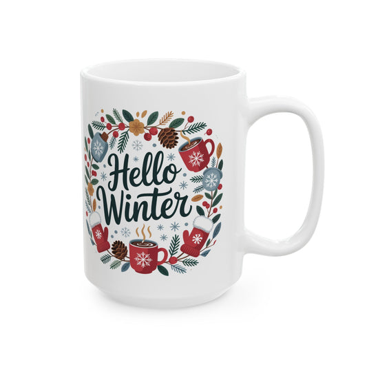 Hello Winter Mug by Lair Gadgets – 15 oz White Ceramic Coffee Cup with Festive Seasonal Wreath Design
