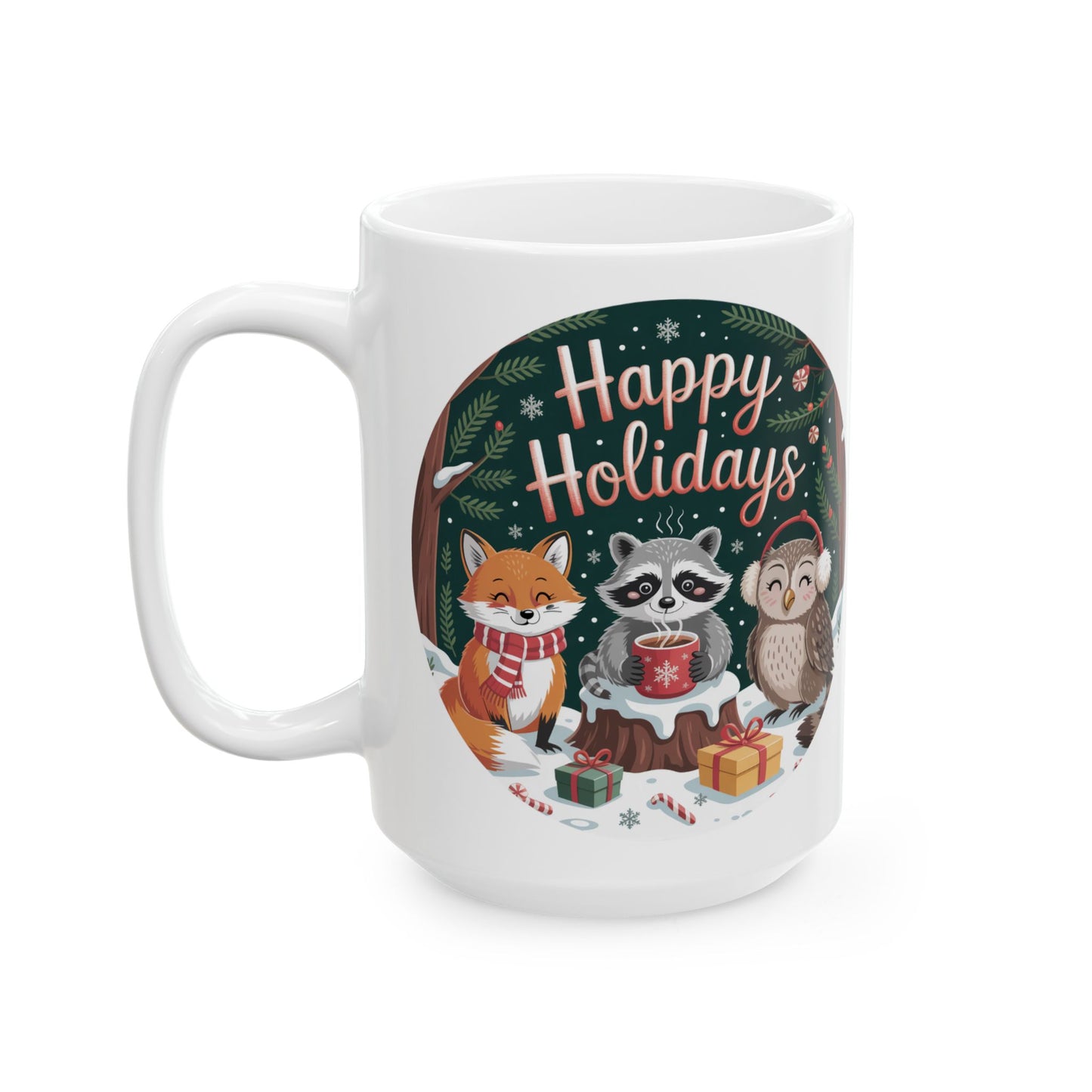 Happy Holidays Forest Friends Mug by Lair Gadgets – 15 oz White Ceramic Coffee Cup with Cozy Animal Christmas Design