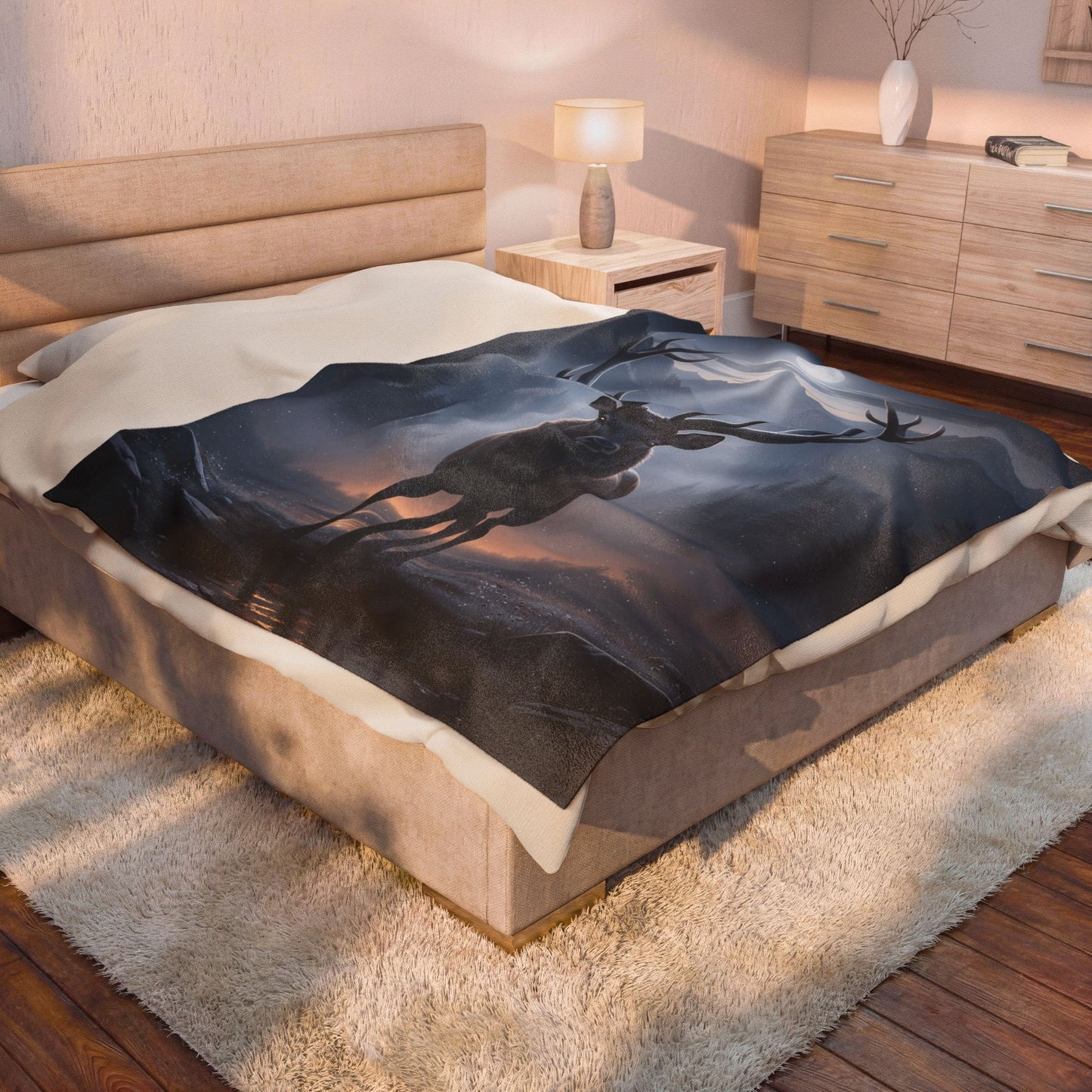 Deer Throw Blanket for Cabin Decor – Moonlit Stag Velveteen Plush Blanket – Rustic Woodland Wildlife Couch Blanket 60x80 – by Lair Gadgets