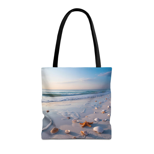Seaside Serenity Tote Bag by Lair Gadgets – 16x16 Coastal Beach Scene with Shells and Starfish, Ocean Wave Print Carryall