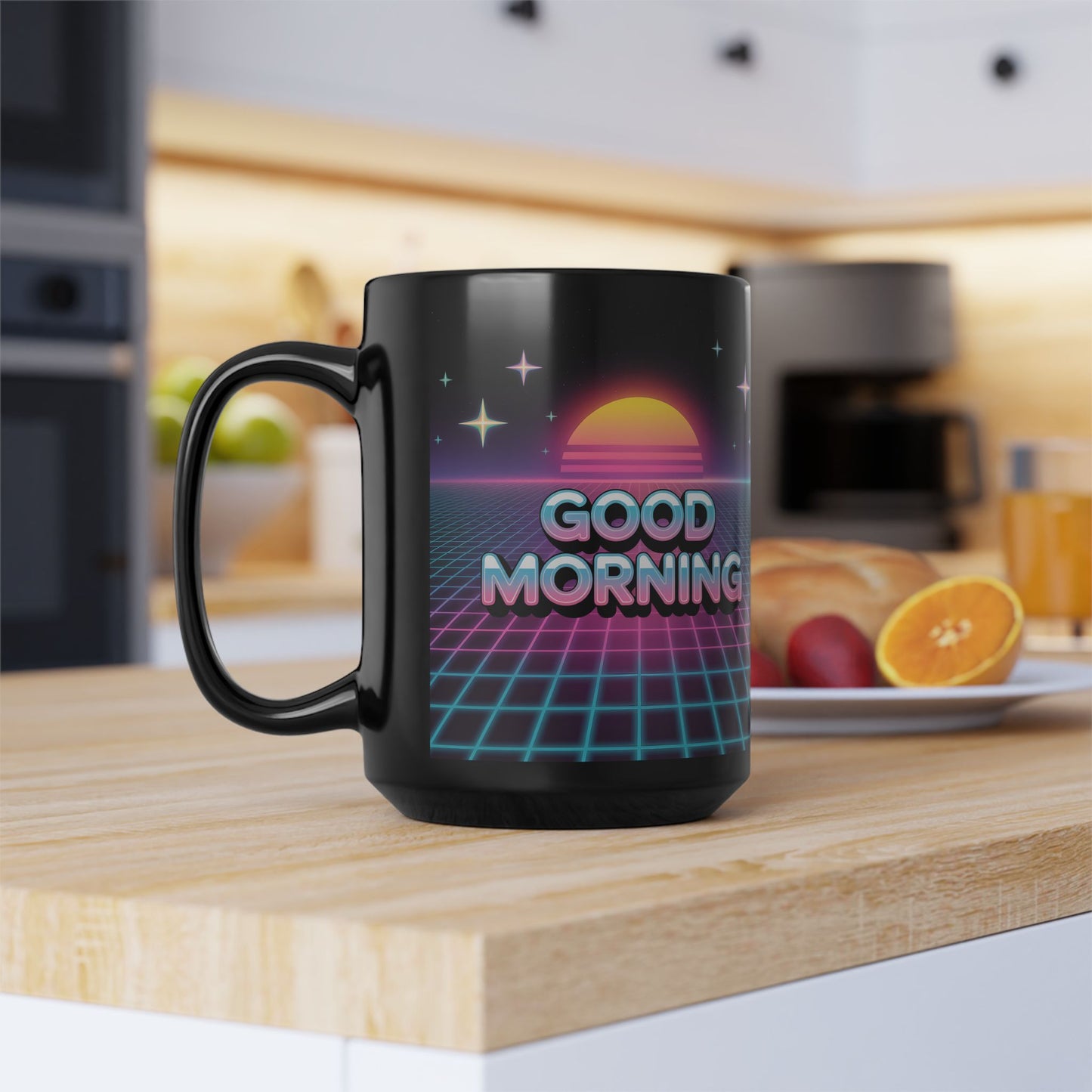 Retro Good Morning Mug - Black Coffee Cup, Gift for Coffee Lovers, 80s Aesthetic, Daily Motivation, Office Decor