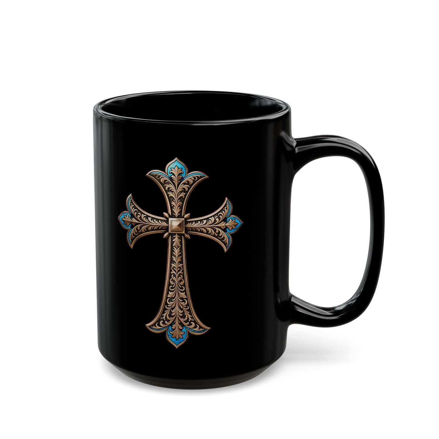 Easter Cross Blue Accent on Black Mug (11oz, 15oz)