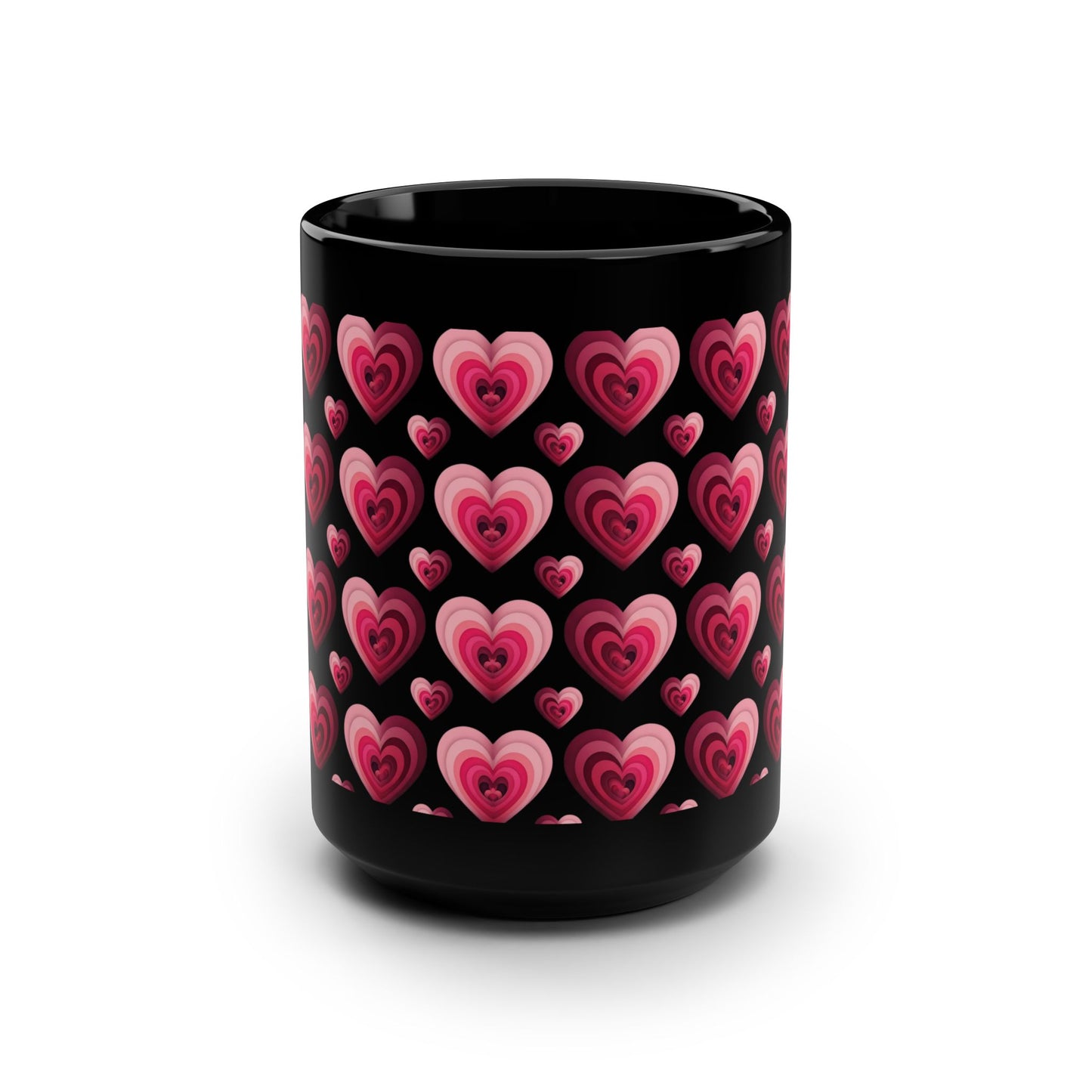 15oz Black Mug — Pink Layered Hearts Pattern - Score 84
