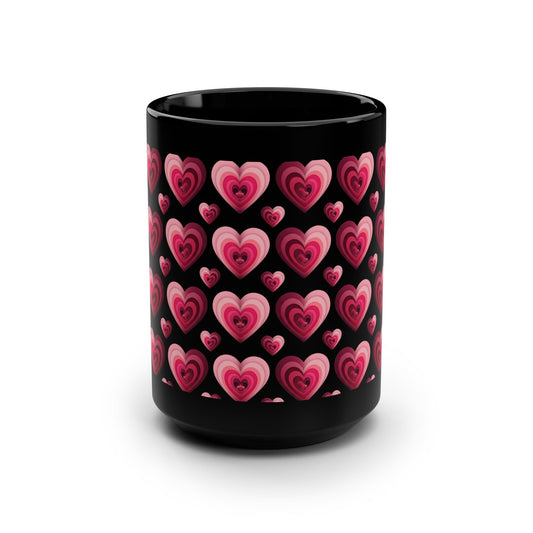 15oz Black Mug — Pink Layered Hearts Pattern - Score 84