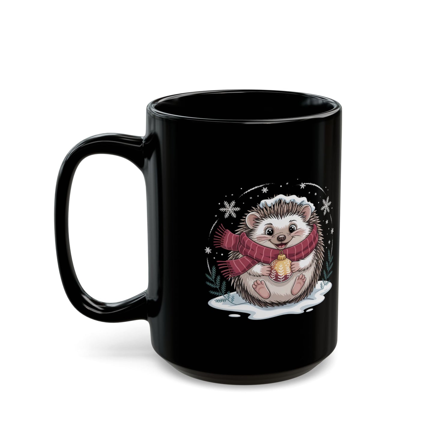 Cozy Glow Hedgehog Mug by Lair Gadgets – 15 oz Black Ceramic Coffee Cup with Festive Winter Hedgehog Design