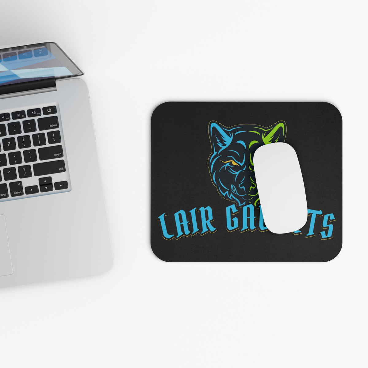 Lair Gadgets wolf logo mouse pad, black, 9x8 inches, detail view