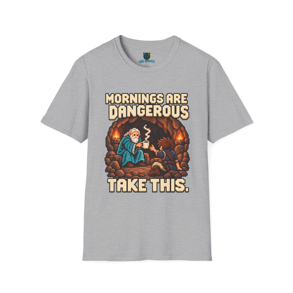 Sport grey t-shirt with Mornings Are Dangerous Take This retro pixel art coffee graphic