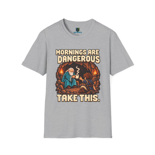 Sport grey t-shirt with Mornings Are Dangerous Take This retro pixel art coffee graphic