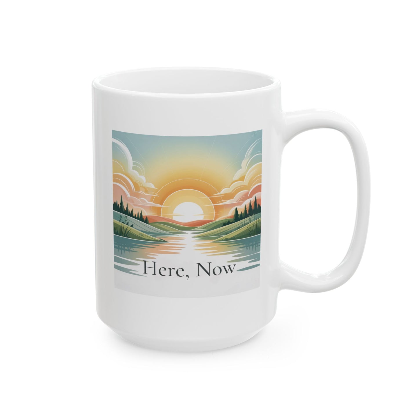 Scenic Sunrise Lake Ceramic Mug — Retro Nature Coffee Cup (11oz & 15oz)